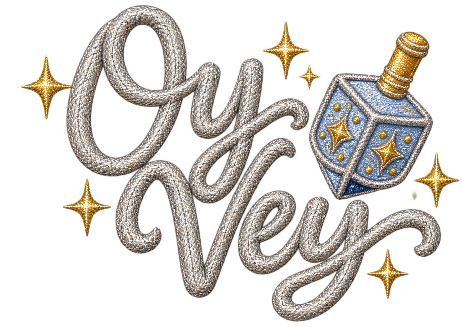 Oy Vey Dreidel design with textured rope lettering, blue ornate dreidel with gold stars, ready to press dtf transfer