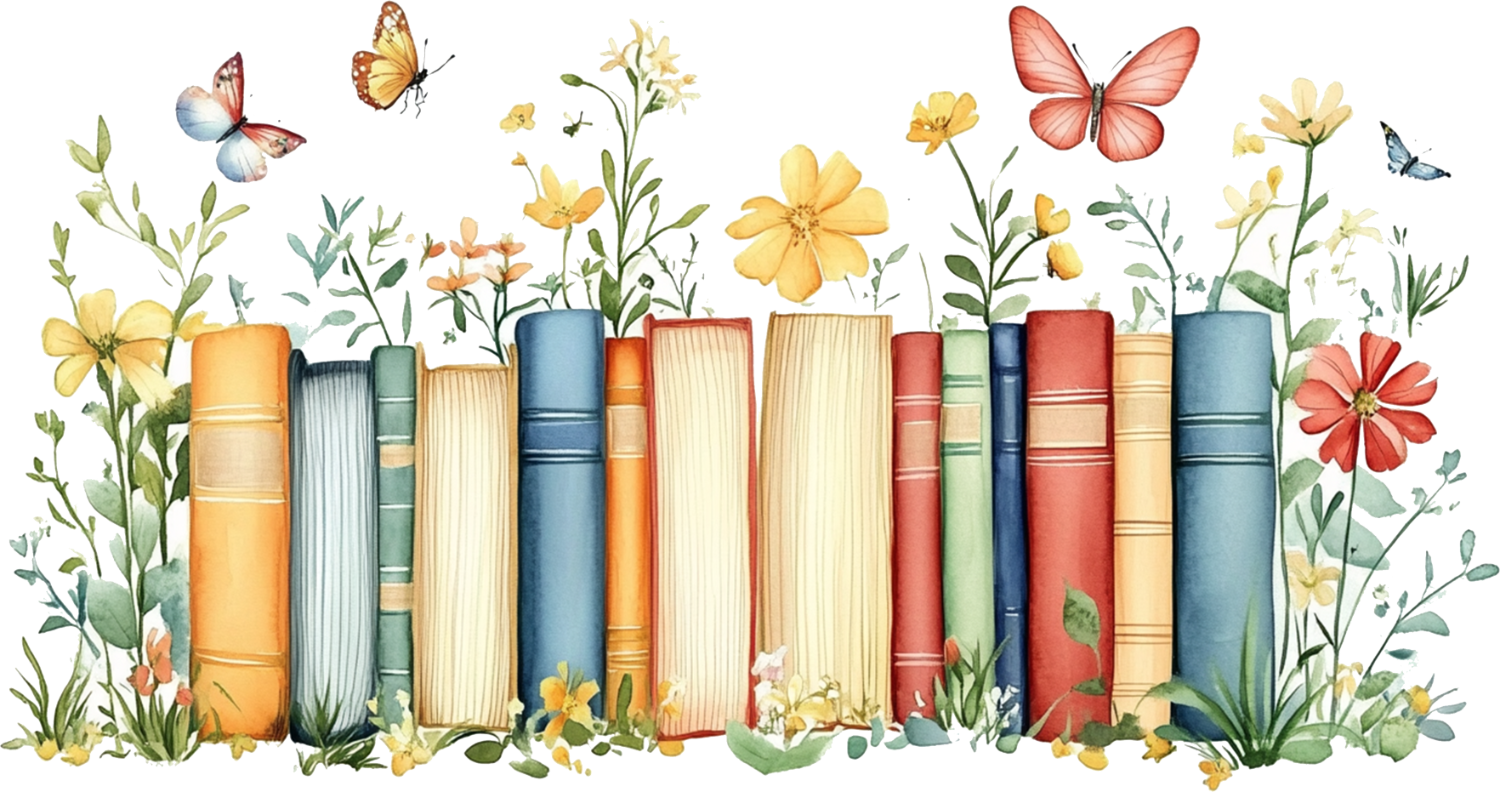 Watercolor illustration of colorful stacked books with yellow, pink, and red flowers and butterflies, ready to press dtf transfer