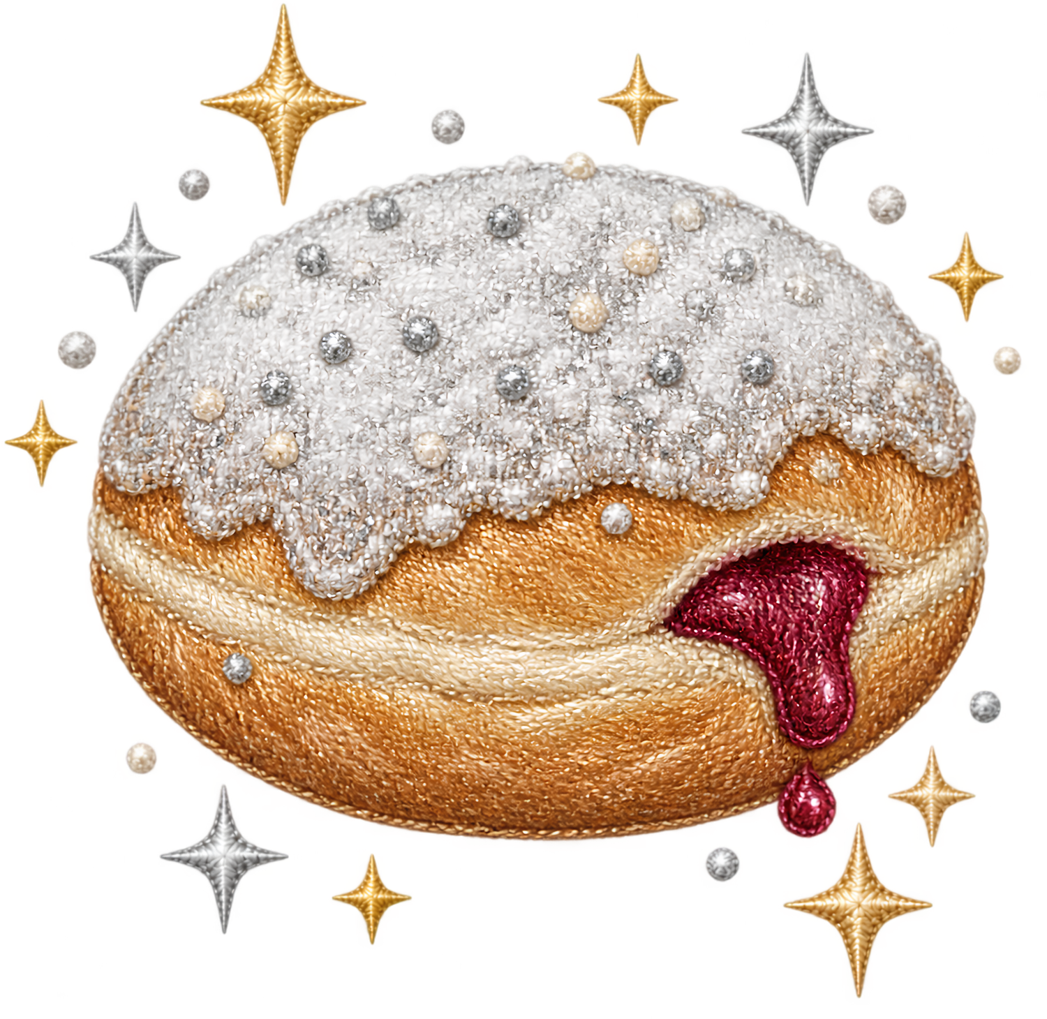 Golden glazed donut with white powdered sugar, ruby red jam filling, and golden stars, ready to press dtf transfer