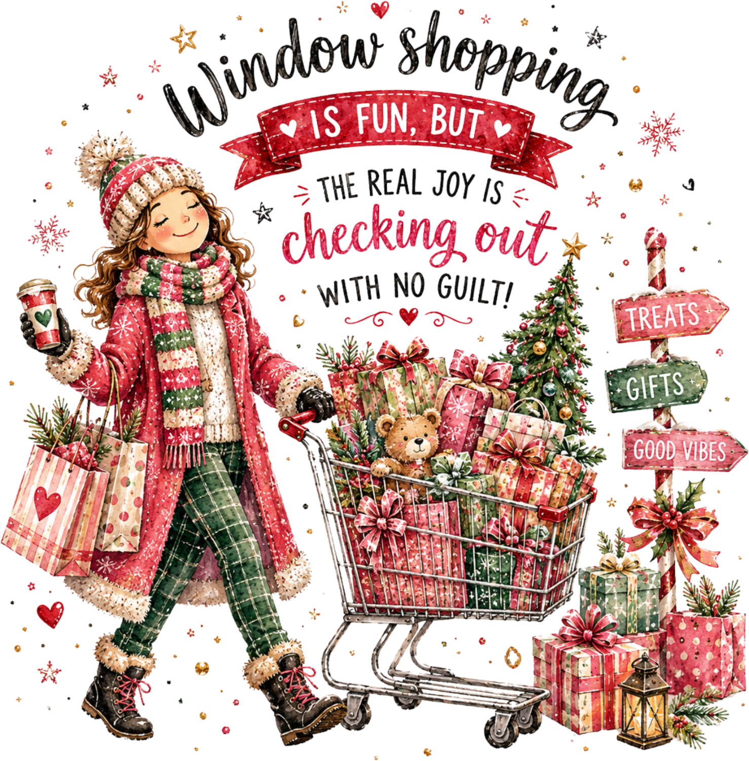 Festive girl in pink winter coat with shopping cart full of gifts, ready to press dtf transfer with Christmas holiday design