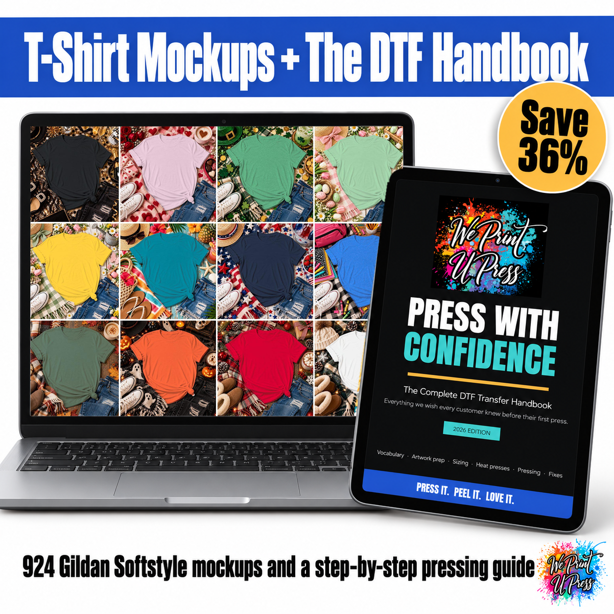 Gildan Softstyle T-Shirt Mockup Library on a laptop and Press With Confidence: The Complete DTF Transfer Handbook 2026 Edition on a tablet, bundle saves 36%