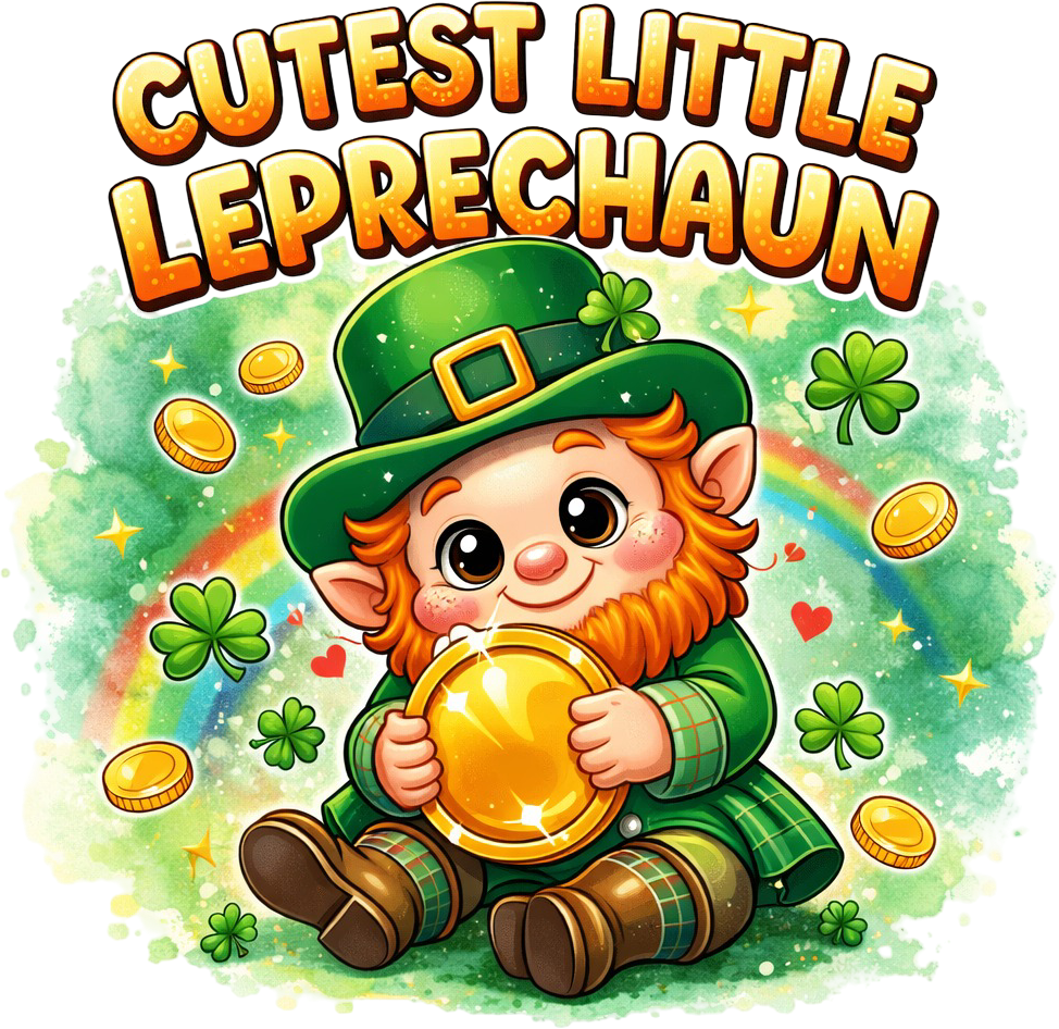 Cute smiling leprechaun holding pot of gold with clovers and rainbow, ready to press dtf transfer