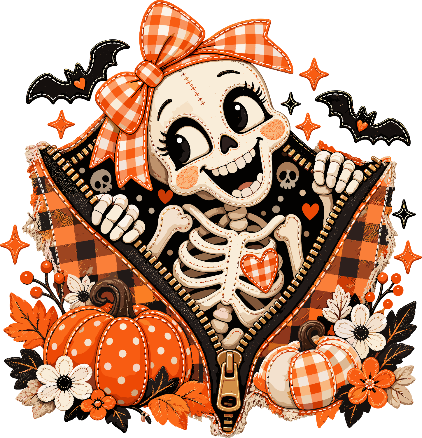 Smiling skeleton character with orange gingham bow, zipper chest detail, and pumpkins—ready to press dtf transfer.