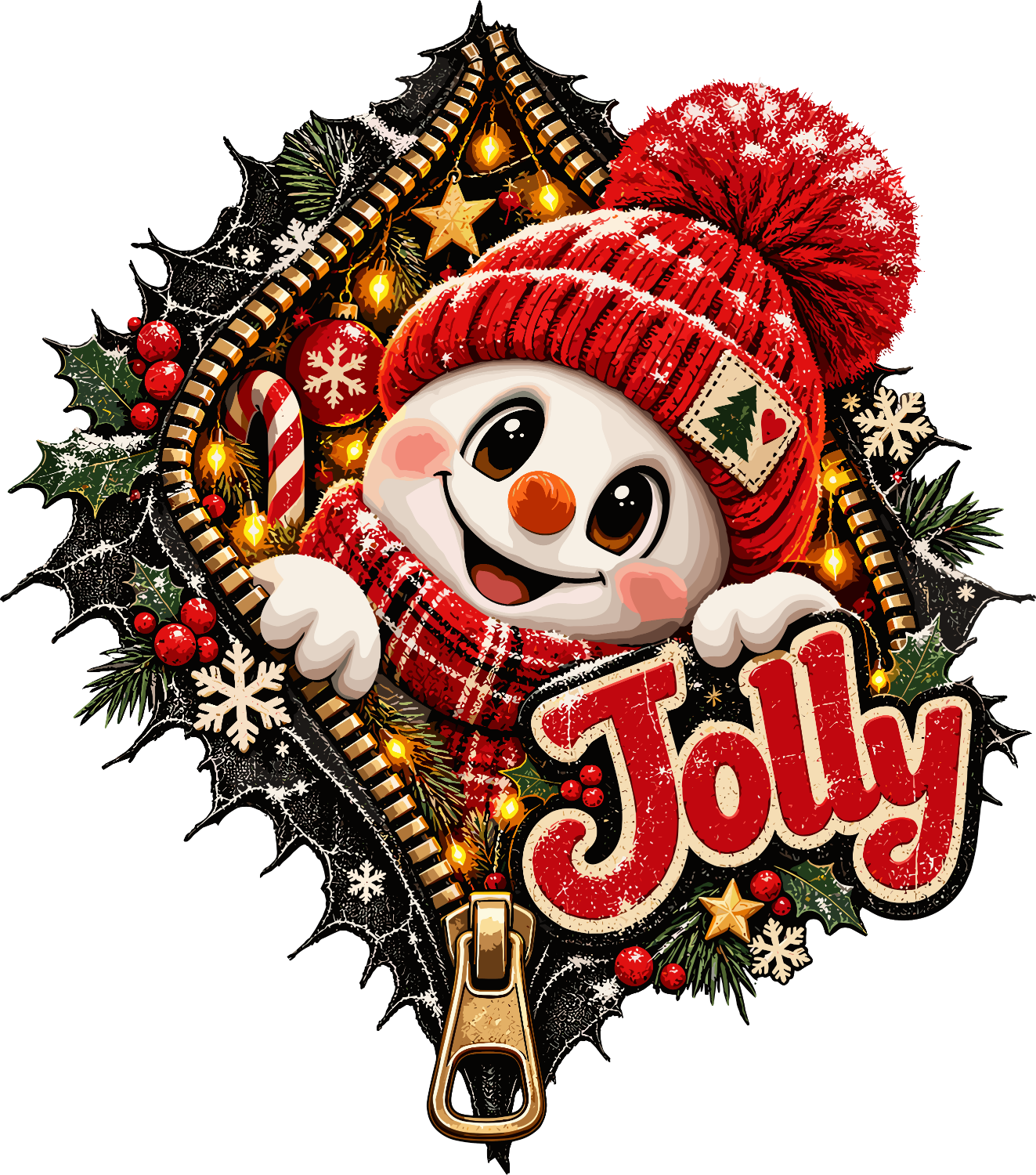Smiling snowman wearing red knit beanie and plaid scarf surrounded by holly, candy canes, and golden lights—ready to press dtf transfer