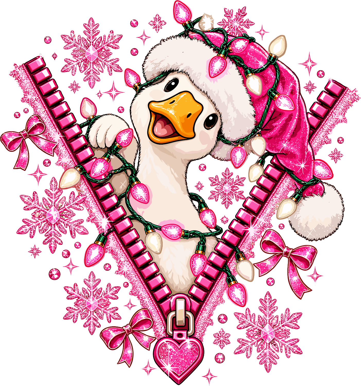 White duck with orange bill wearing pink holiday lights and bow, surrounded by pink snowflakes and sparkles, ready to press dtf transfer
