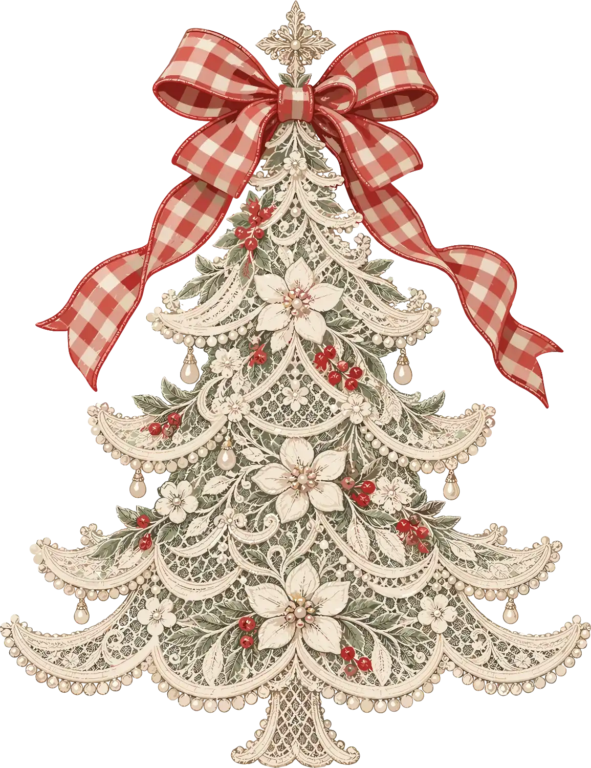 Ornate cream lace Christmas tree with red gingham ribbon bow, white poinsettias, and hanging pearls ready to press dtf transfer