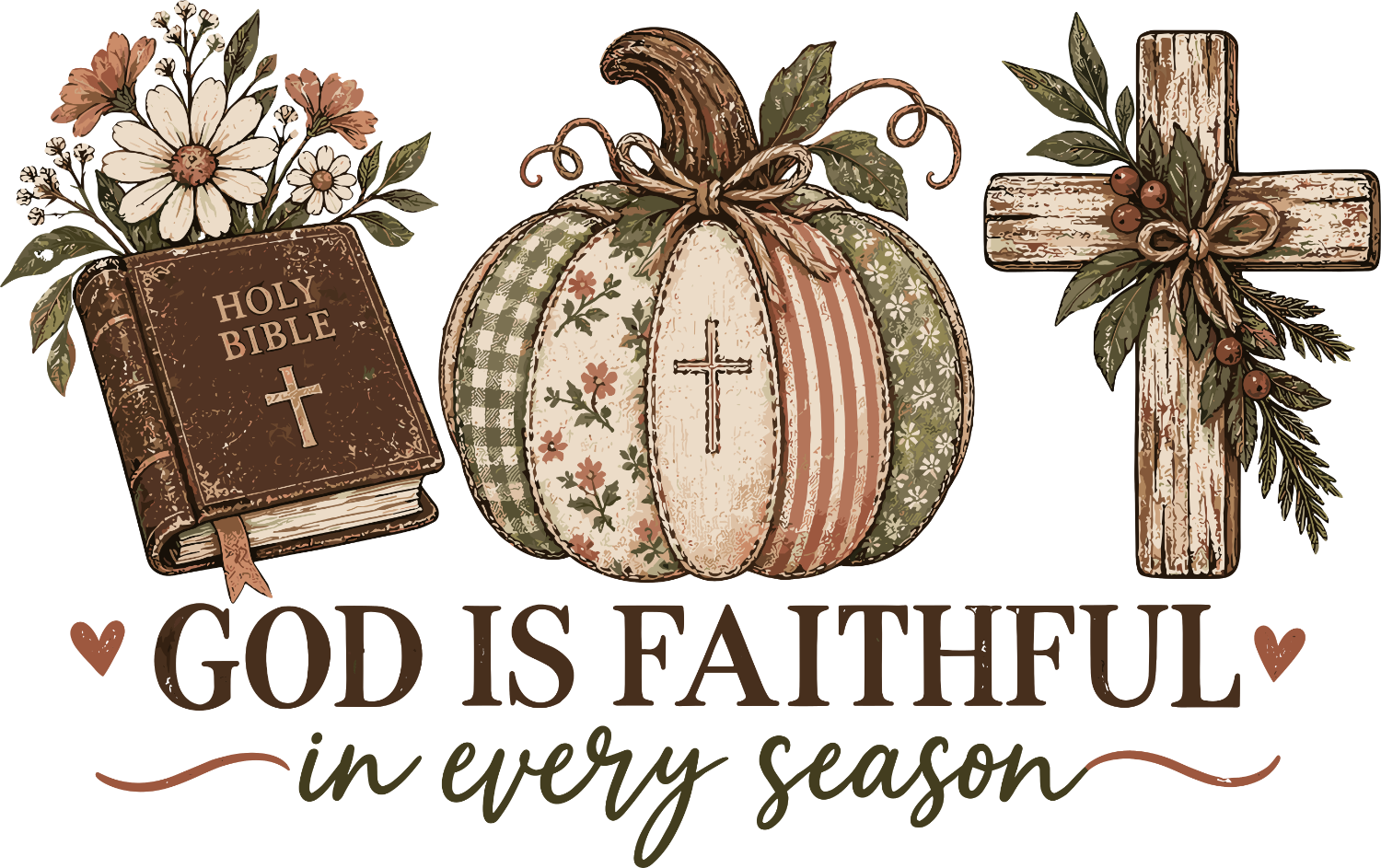 Vintage patchwork pumpkin with cross, Holy Bible with flowers, and wooden cross with leaves ready to press dtf transfer