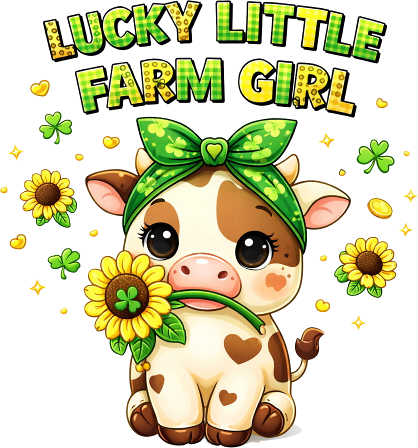 Cute brown and white cow with green bow holding sunflower, surrounded by clovers and hearts, ready to press dtf transfer
