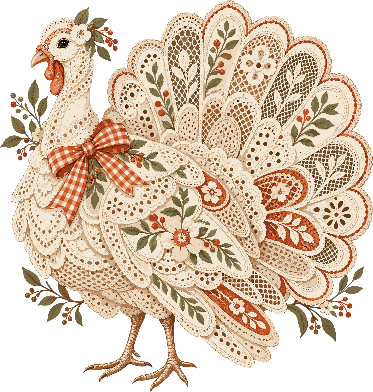 Ornate lace peacock with intricate dotted patterns, coral florals, and checkered bow—ready to press dtf transfer.
