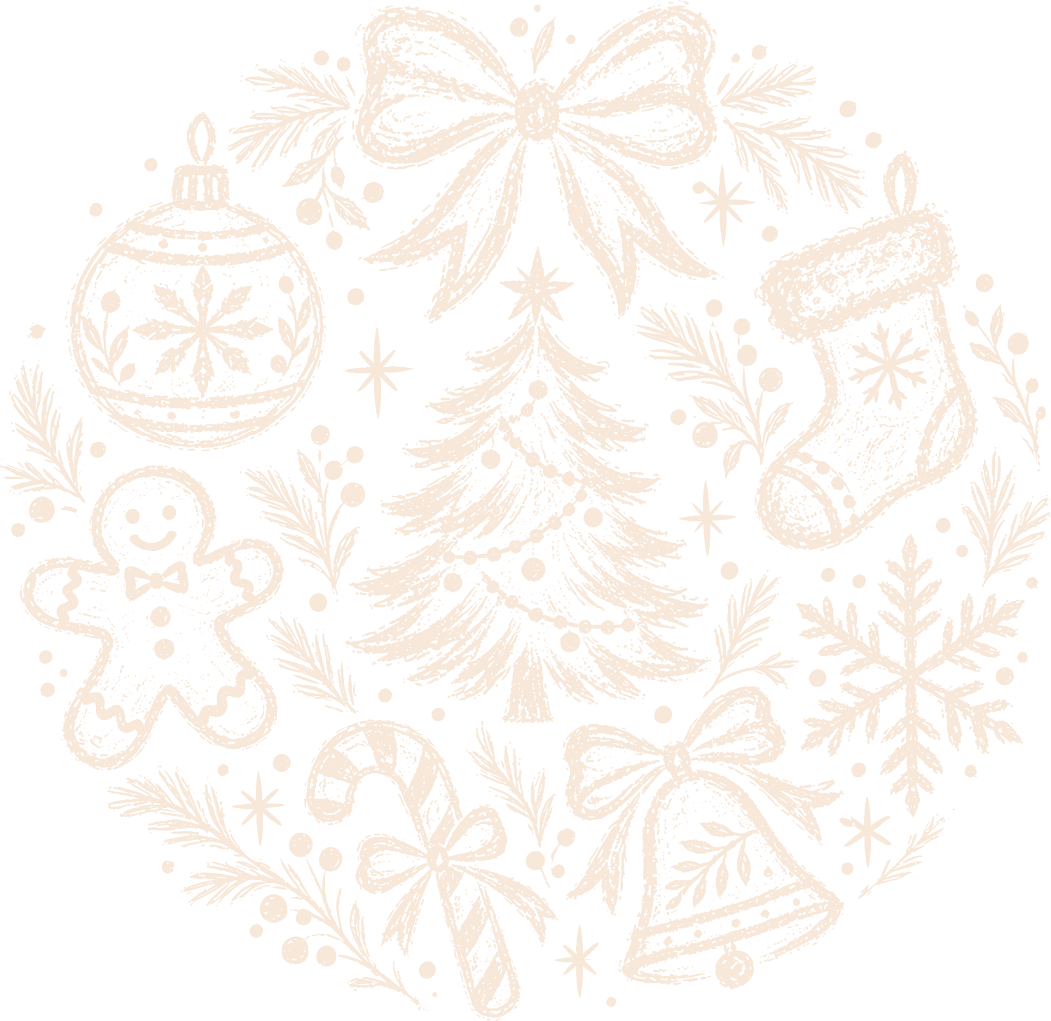 Cream-colored ready to press dtf transfer with Christmas ornaments, gingerbread man, stockings, candy cane, and festive bows.