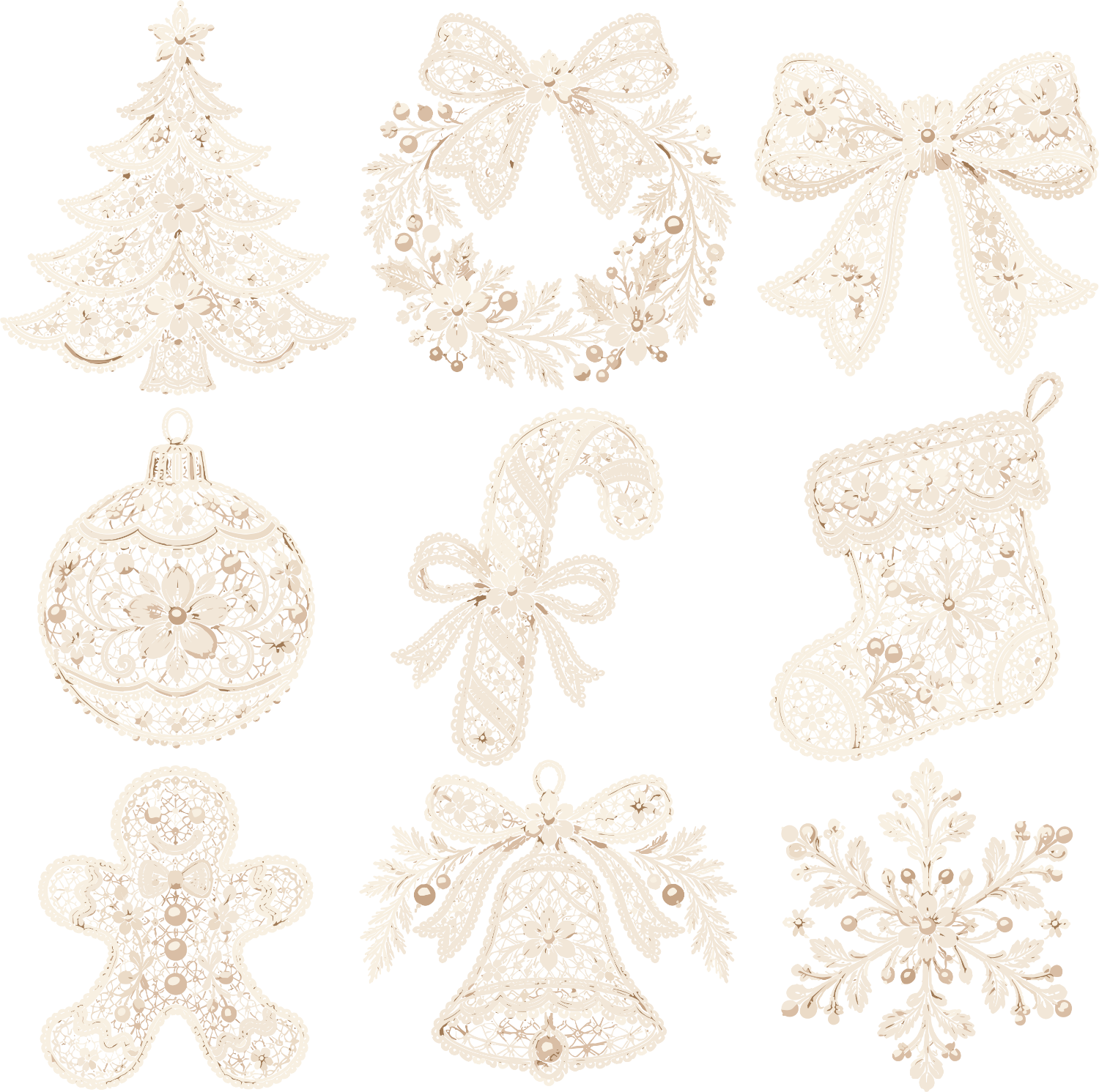 Nine cream lace Christmas ornaments, bows, stockings, and bells ready to press dtf transfer