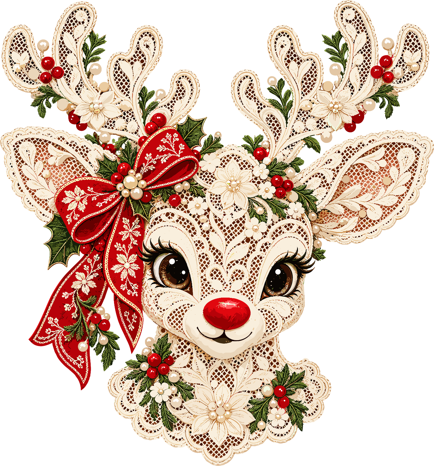 Ornate lace reindeer with red nose, festive red bow, white flowers and berries, ready to press dtf transfer