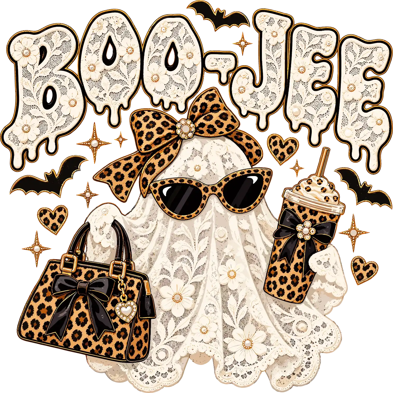 Ready to press DTF transfer of a fashionable ghost wearing leopard print sunglasses and bow with matching handbag and drink cup design