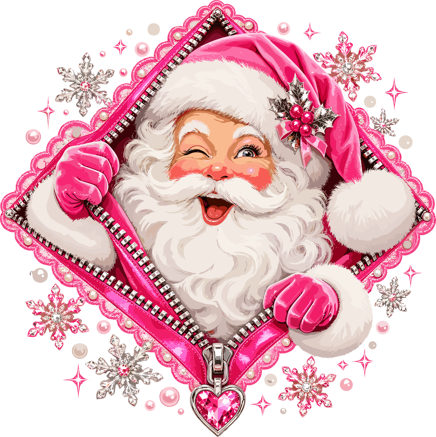 Cheerful pink Santa with white beard in hot pink jacket, ready to press dtf transfer with snowflakes and sparkles