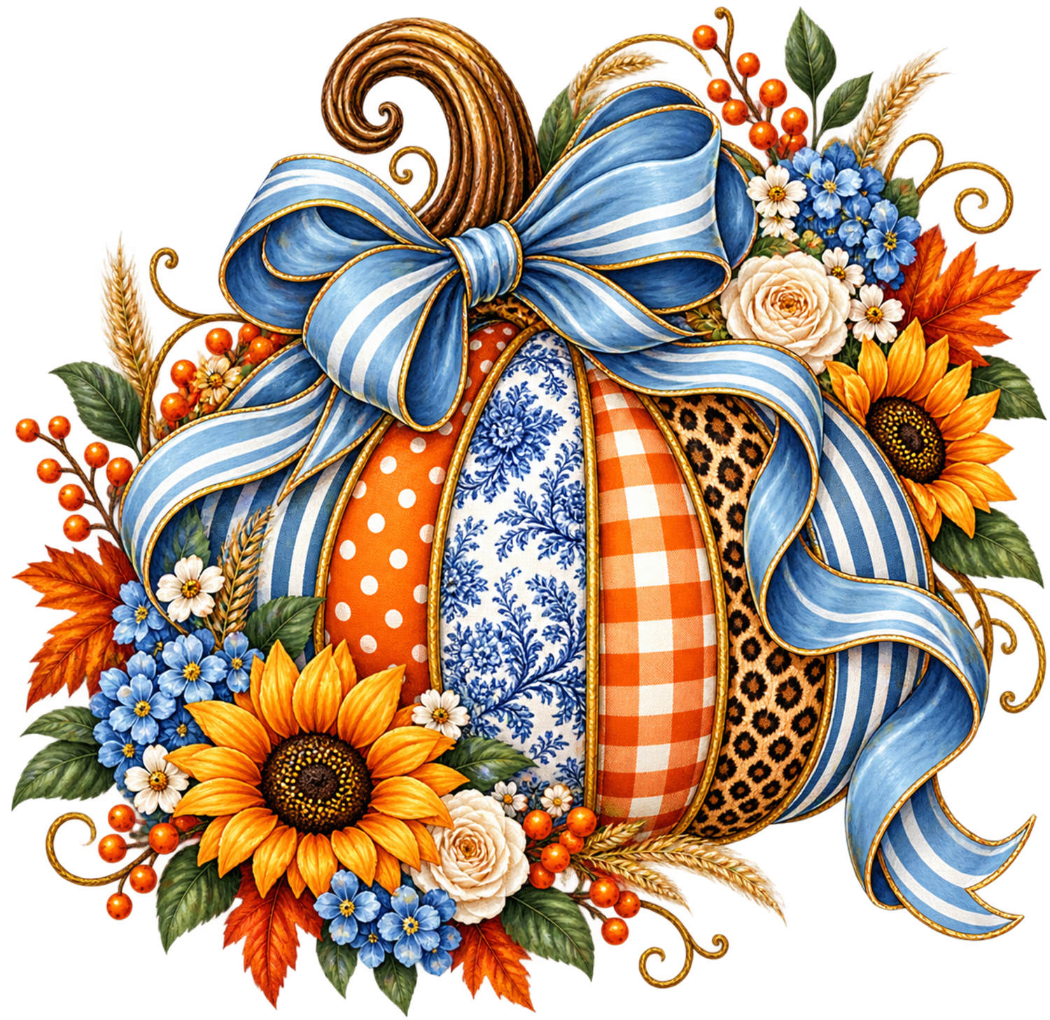 Colorful autumn harvest design with blue striped bow, sunflowers, and patterned ribbons ready to press dtf transfer