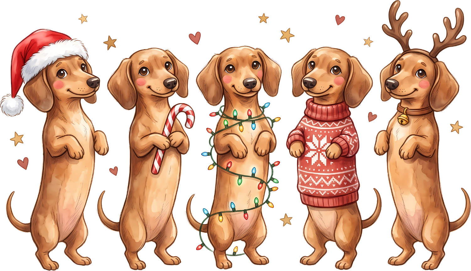 Five brown dachshunds wearing Christmas costumes and holiday accessories, ready to press dtf transfer design with festive elements
