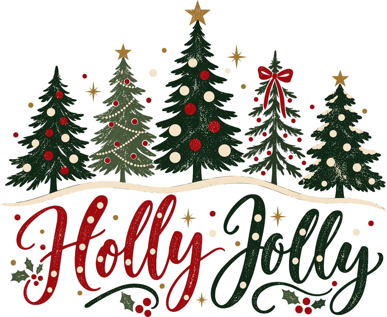 Holly Jolly Christmas Trees design with five decorated evergreens, ready to press DTF transfer with red and cream ornaments