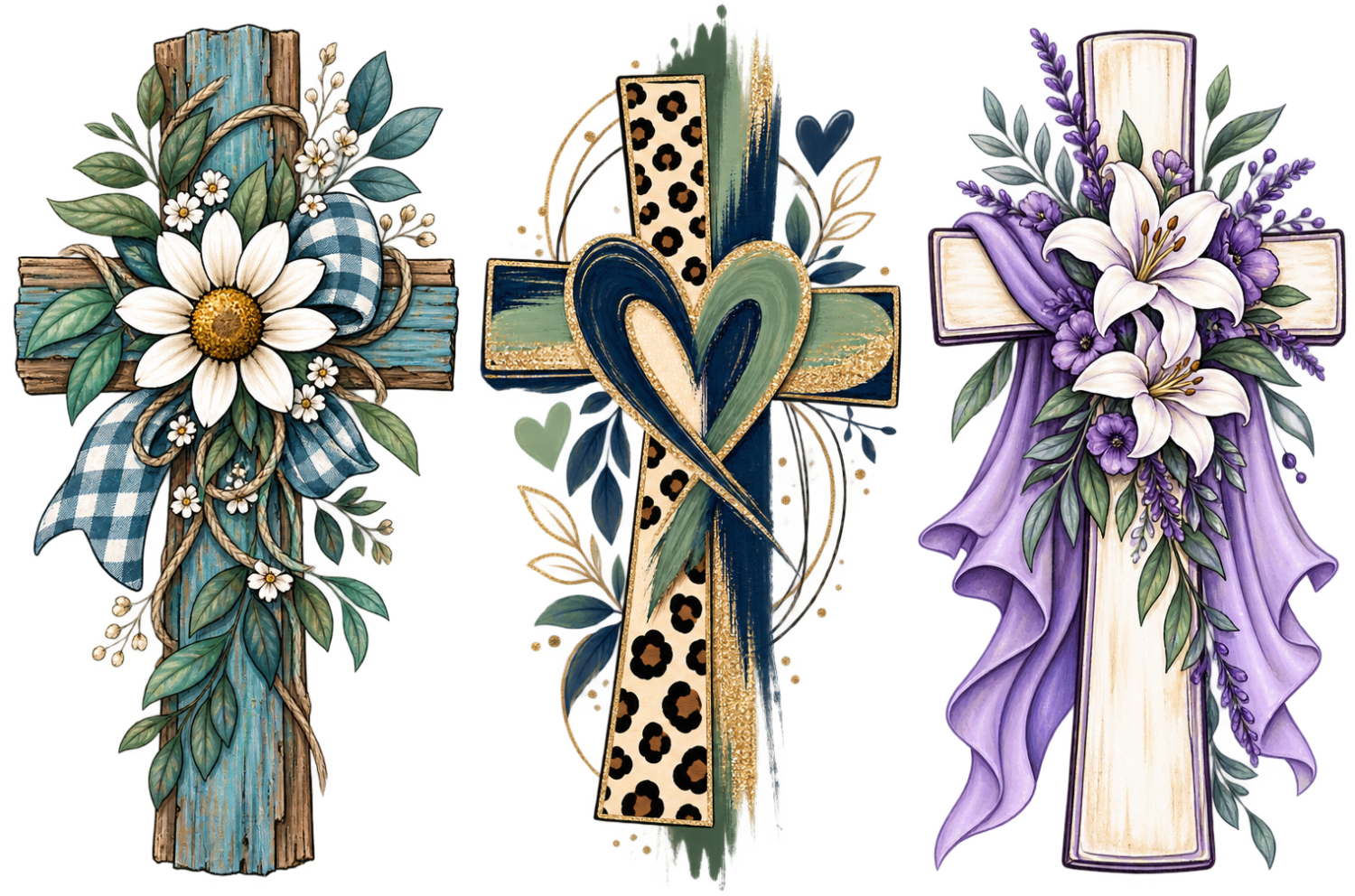 Three decorative crosses with floral arrangements, ready to press dtf transfer designs in blue, navy, and purple tones