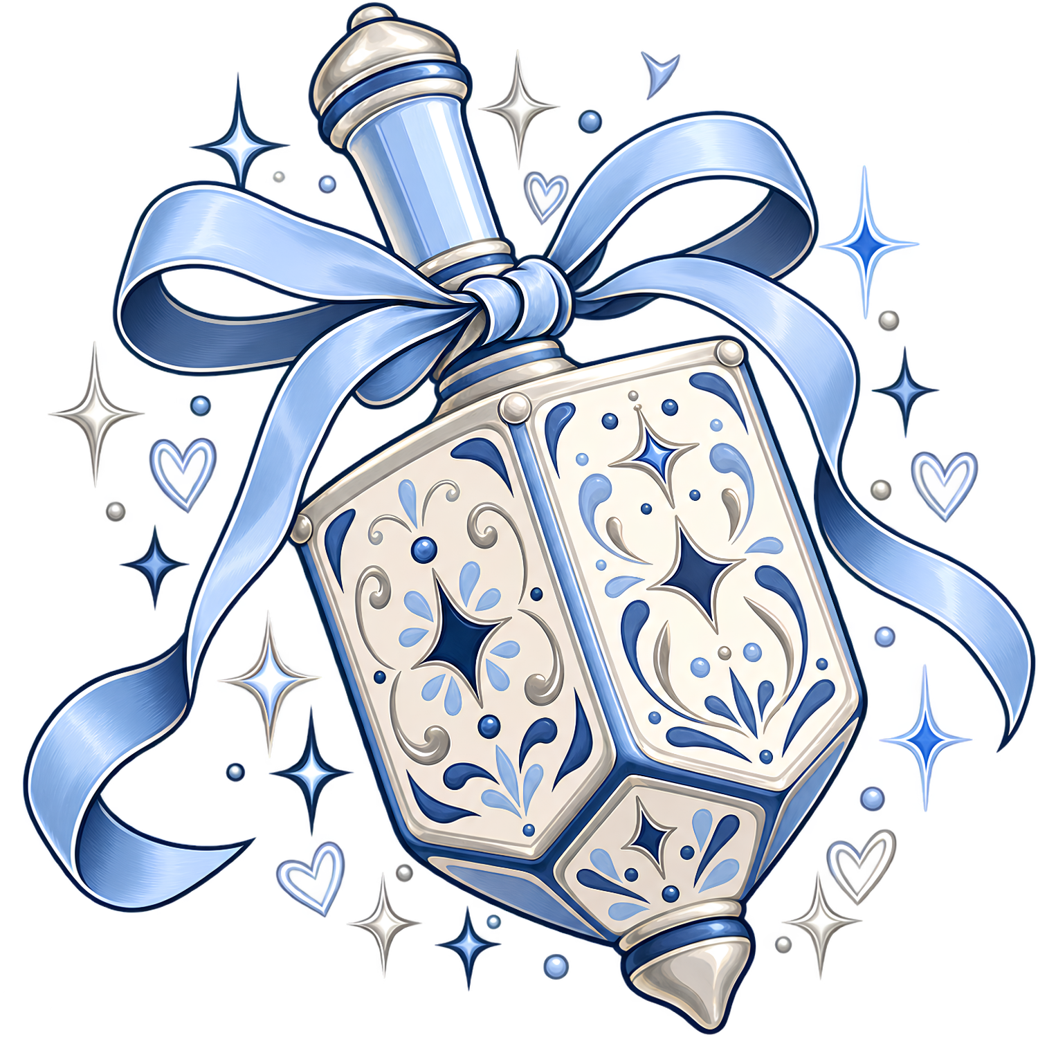 Ornate perfume bottle with decorative swirls and blue ribbon bow, ready to press dtf transfer with sparkles and hearts.