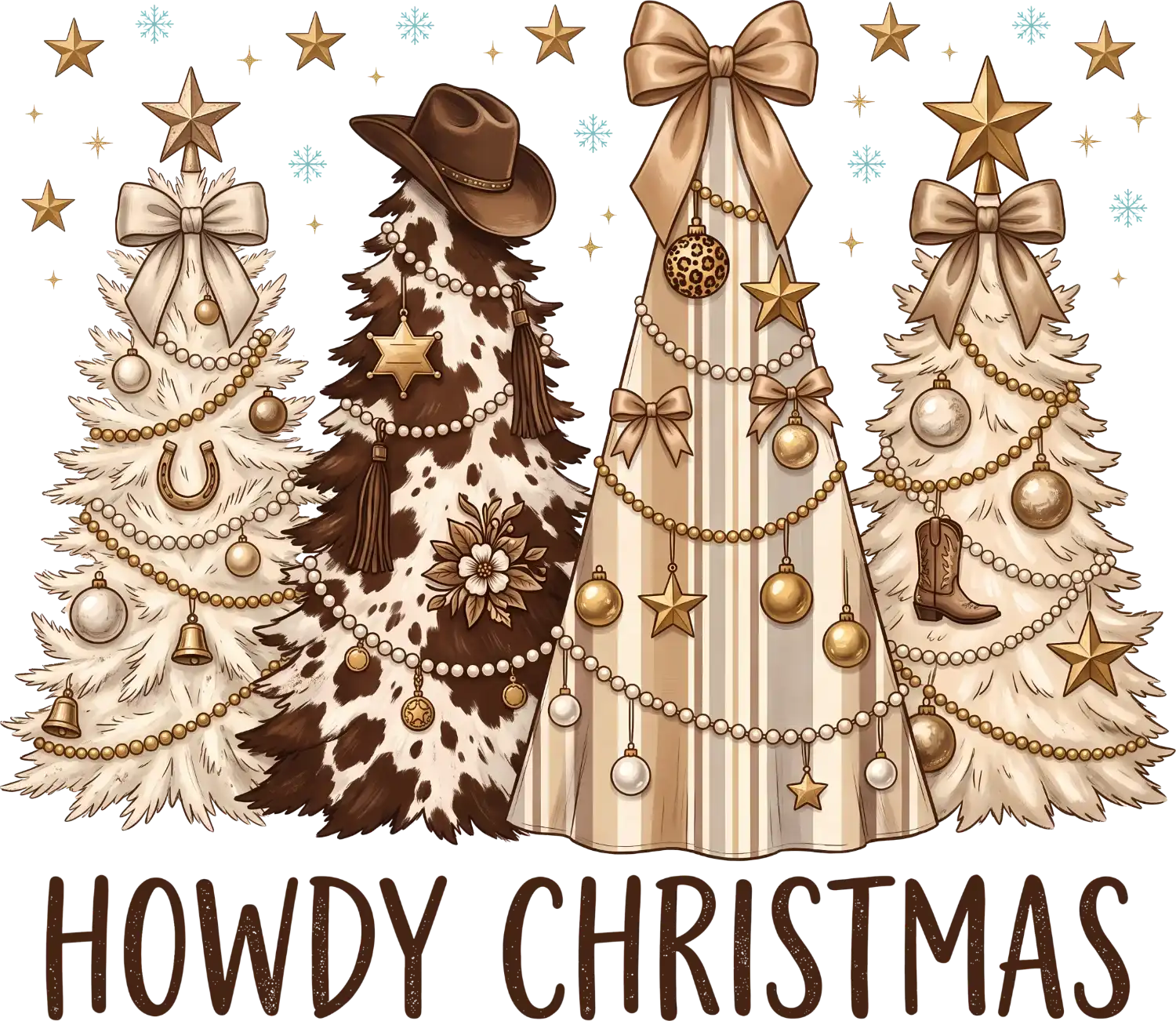 Four decorated Christmas trees in western style with cowboy hats, cow print, and gold ornaments ready to press dtf transfer