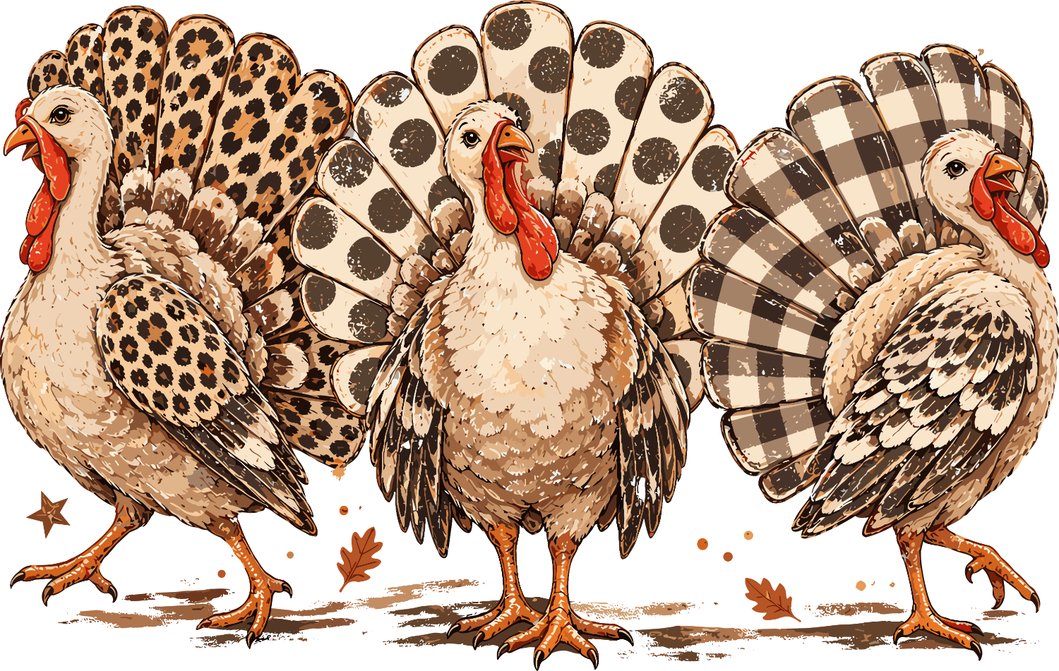 Three vintage-style turkeys with leopard, polka dot, and plaid tail feathers—ready to press dtf transfer illustration