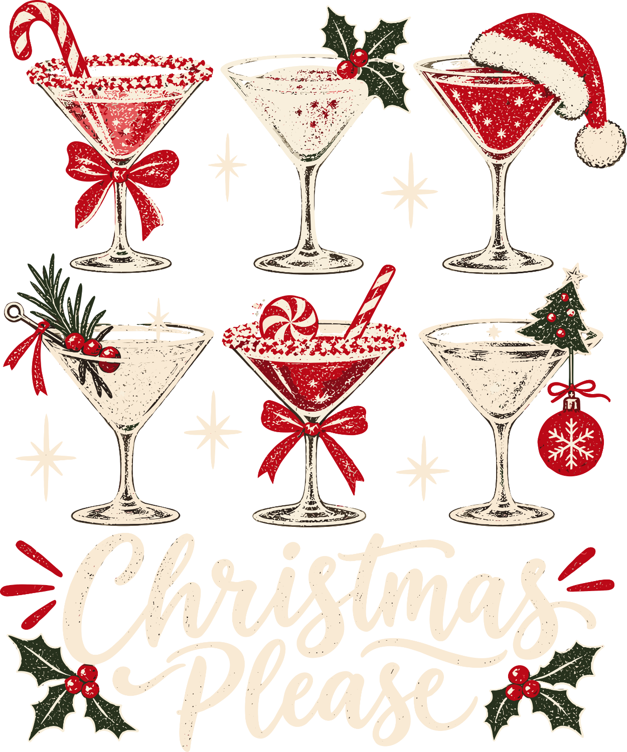 Six festive holiday cocktail illustrations in red and cream with candy canes, holly, and Santa hats, ready to press DTF transfer.