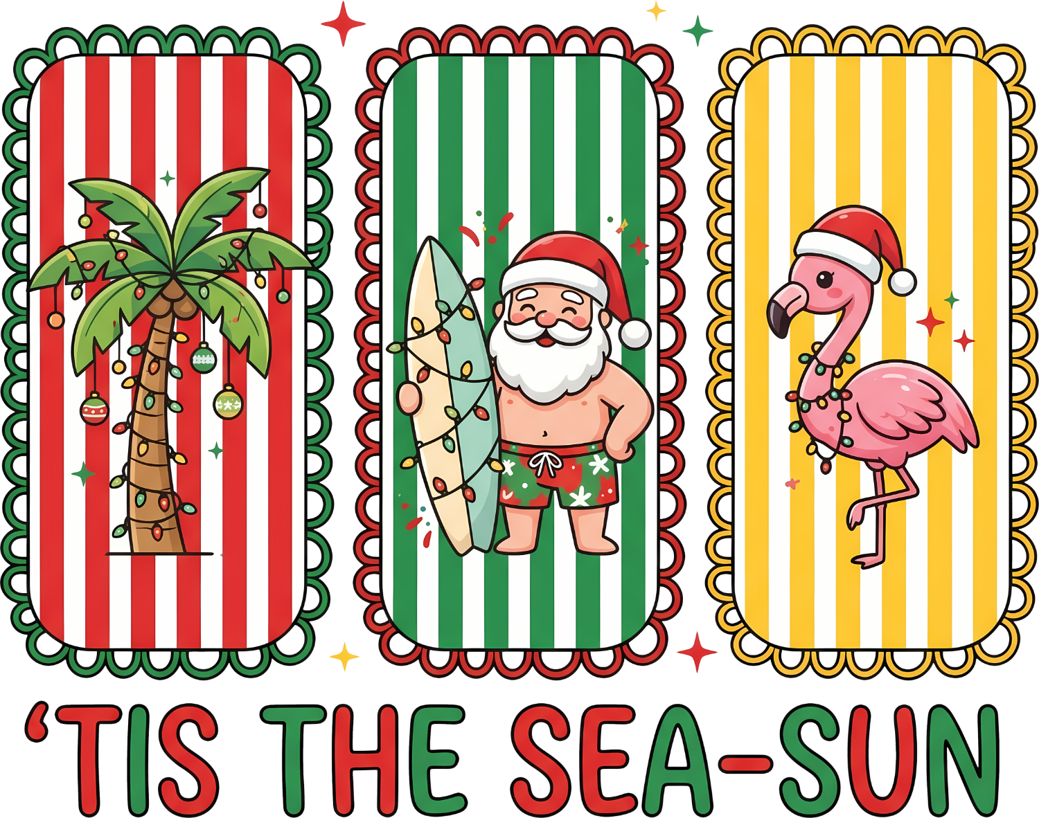 Three festive panels with striped backgrounds featuring palm tree ornaments, Santa surfing, and flamingo—ready to press dtf transfer