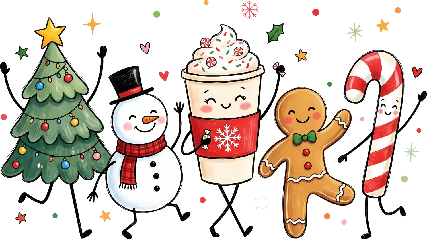 Colorful festive holiday characters including Christmas tree, snowman, gingerbread man, hot cocoa cup and candy cane ready to press dtf transfer