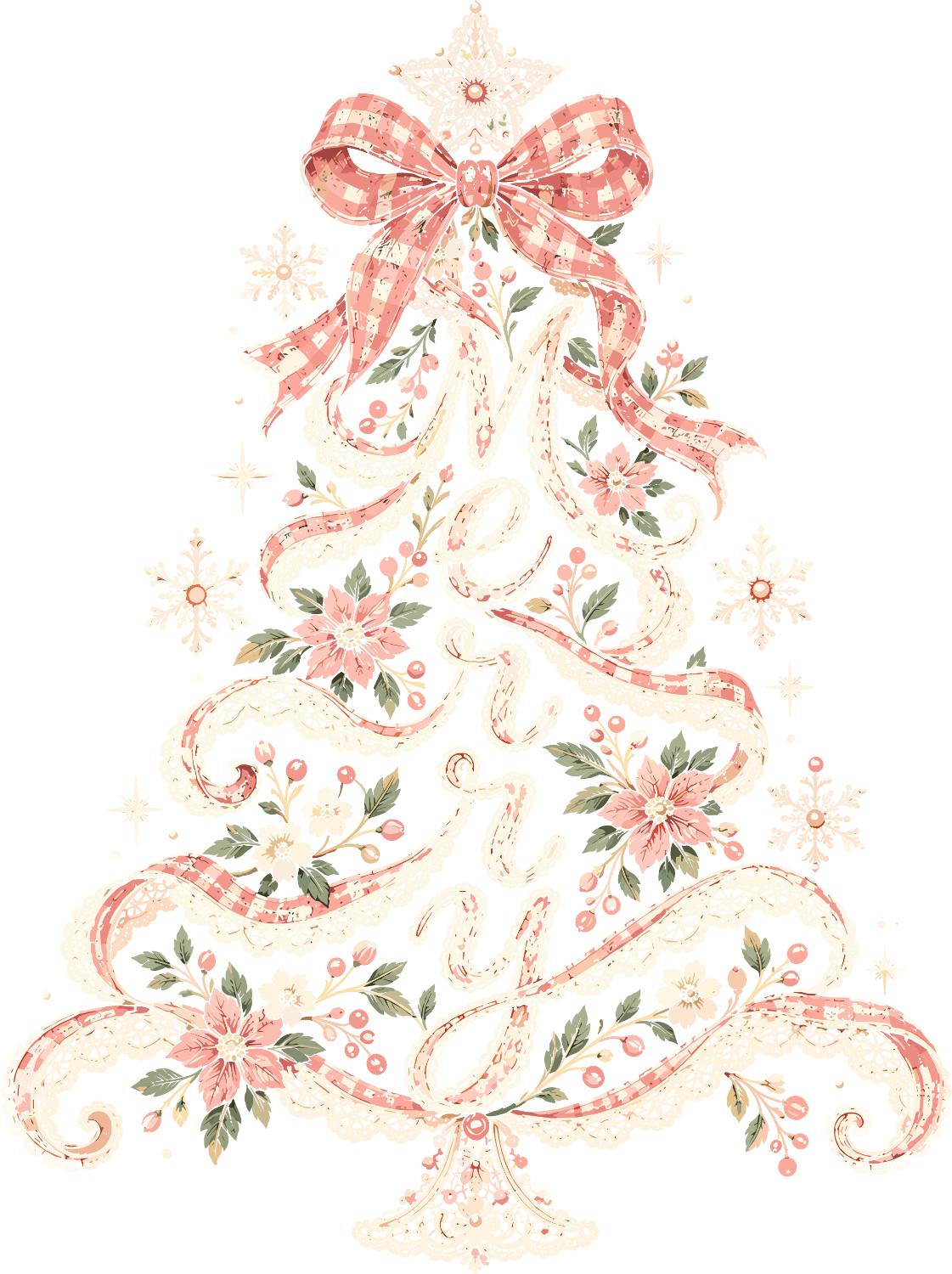Festive floral Christmas tree with pink gingham bow and gold stars, ready to press dtf transfer