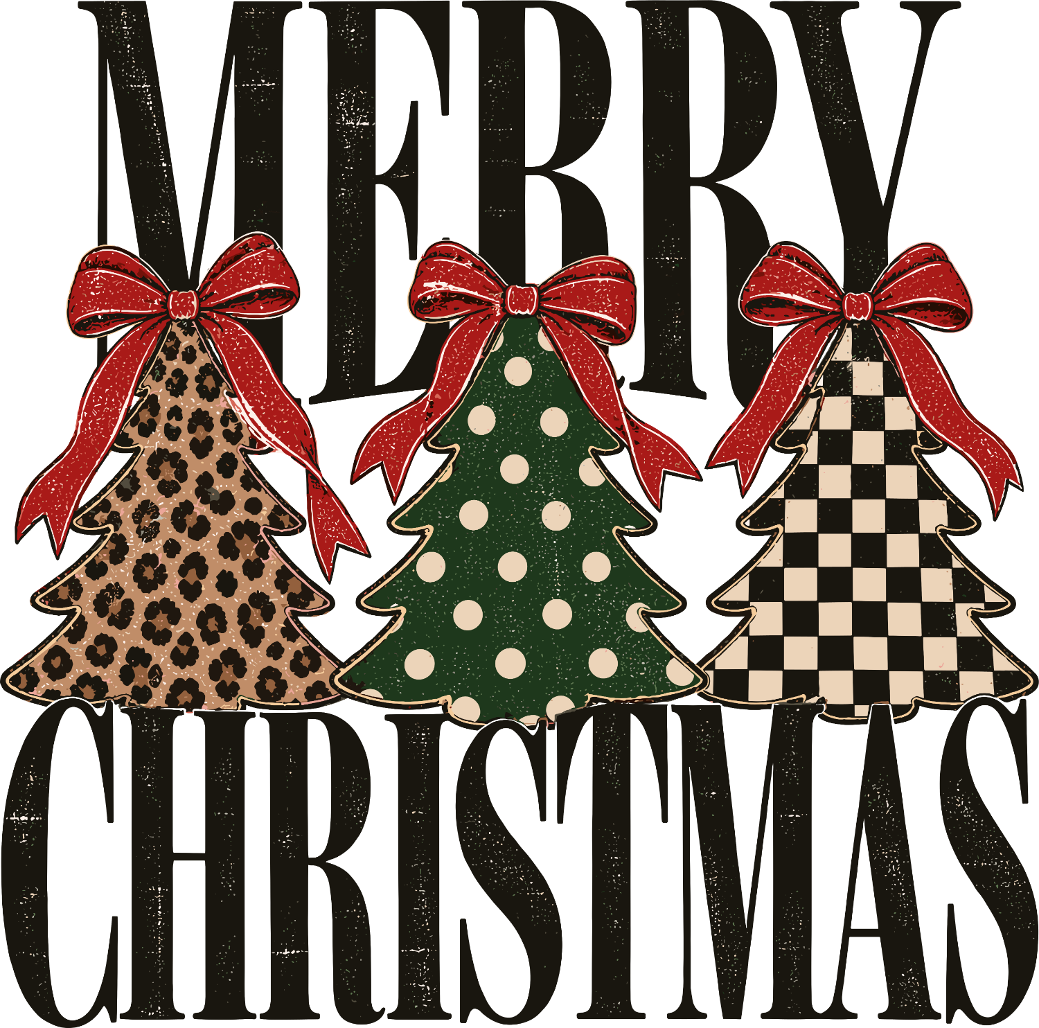 Merry Christmas design with three decorated trees in leopard, polka dot, and checkered patterns with red bows, ready to press dtf transfer