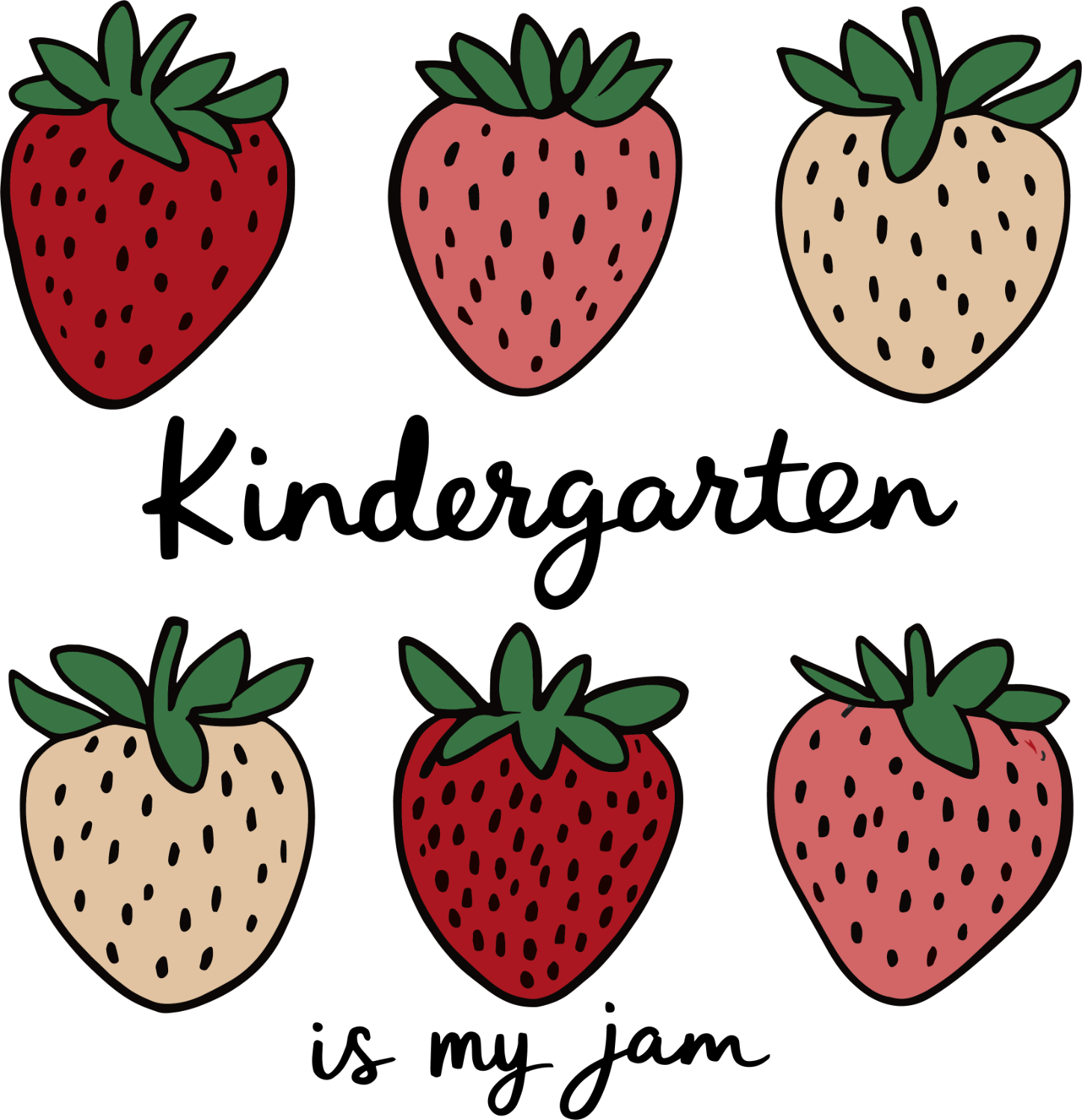 Six illustrated strawberries in red, coral, and cream with green leaves and black seeds, ready to press DTF transfer