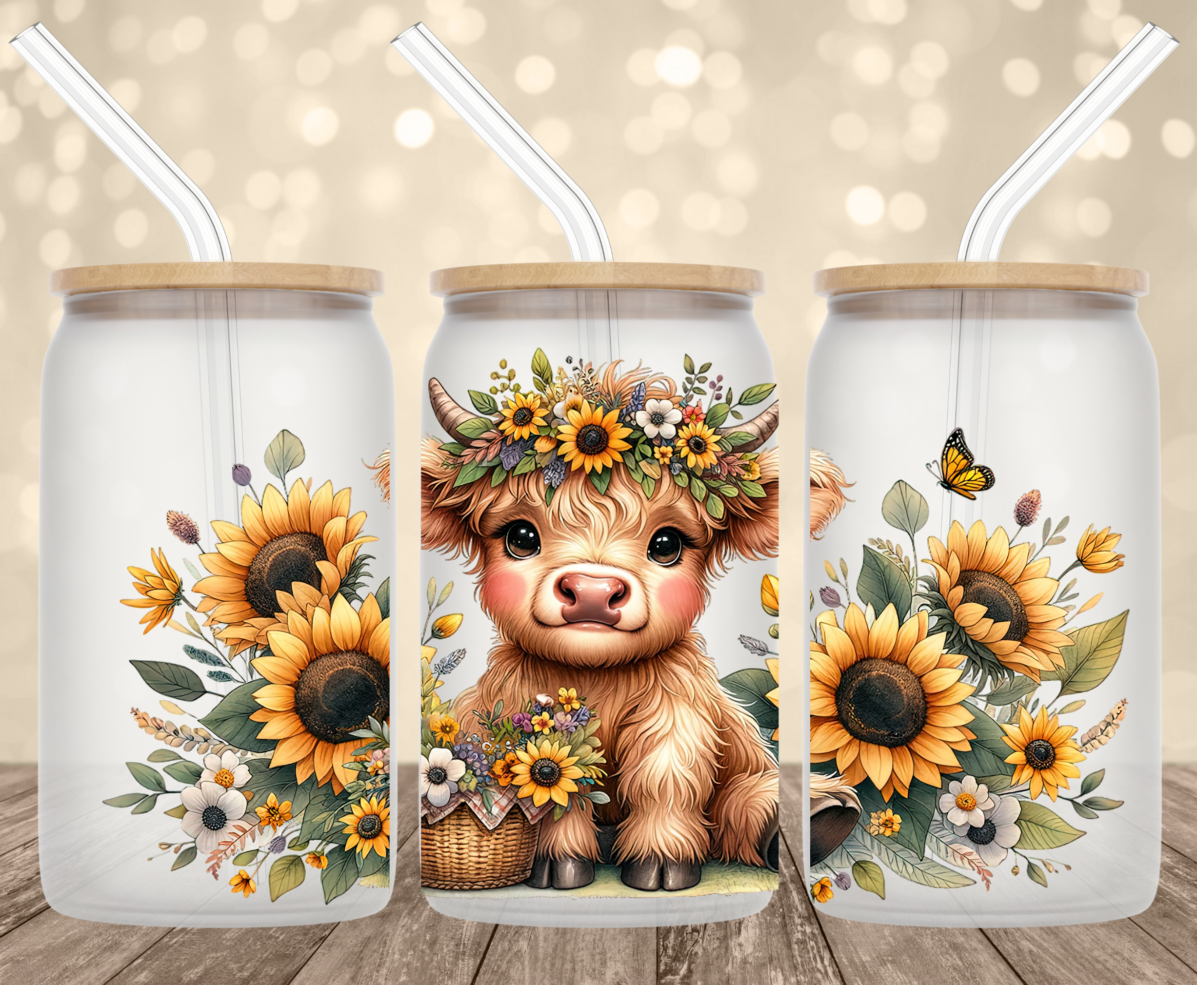 Floral Highland Cow UV Transfer for 16 oz Glass Can Tumblers