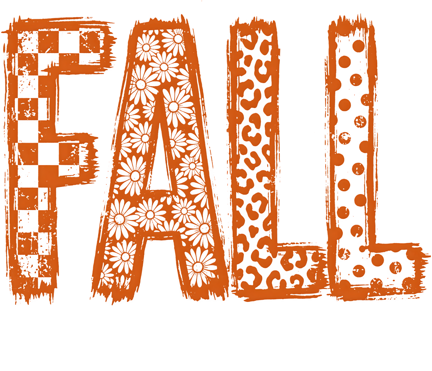 Orange and white fall patchwork DTF transfer with checkered, floral, leopard, and polka dot patterns ready to press dtf transfer
