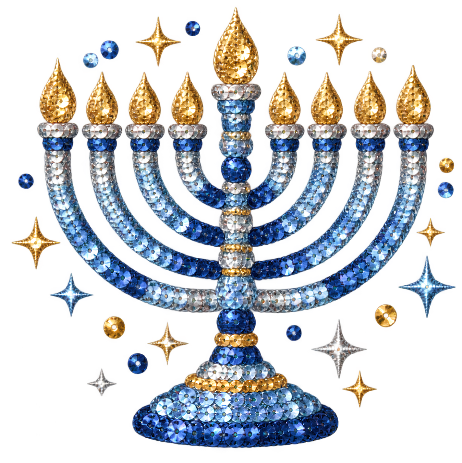 Ornate menorah with gold sequin flames and blue gradient sequin arms, surrounded by star accents, ready to press dtf transfer