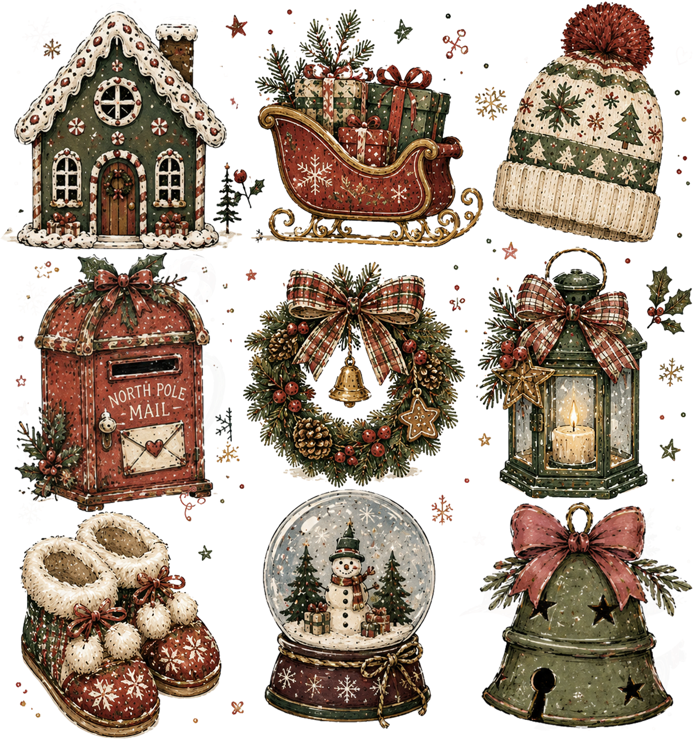 Vintage Christmas holiday icons including gingerbread house, sleigh, beanie, mailbox, wreath, lantern, boots, and snow globe ready to press dtf transfer