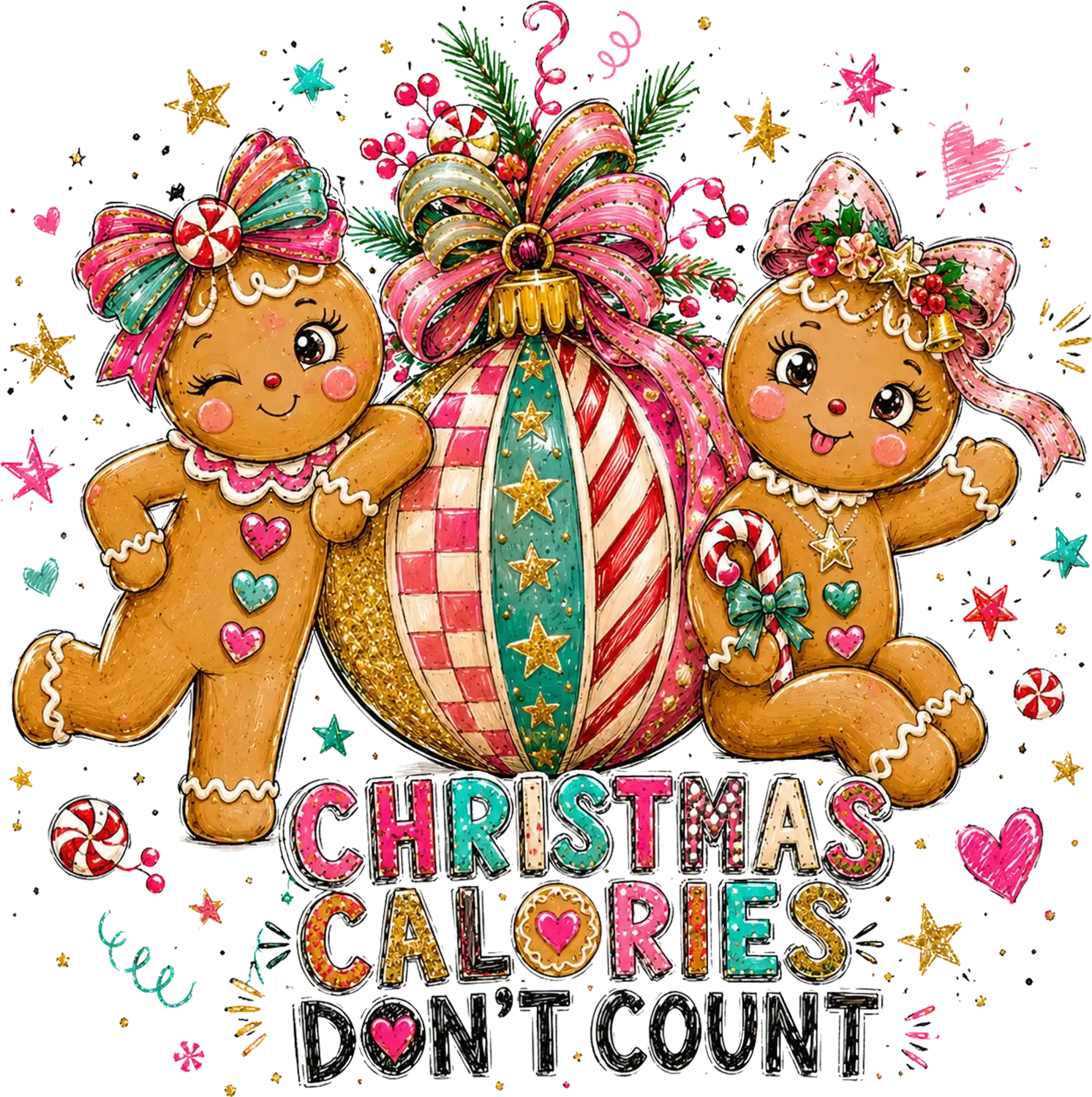 Two adorable gingerbread characters with pink bows holding a large ornament, ready to press dtf transfer with Christmas text.