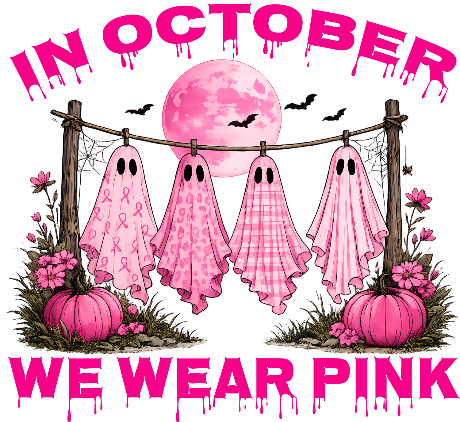 Four pink ghost figures with breast cancer ribbon patterns hanging on clothesline with full pink moon, bats, pumpkins and flowers—ready to press DTF transfer