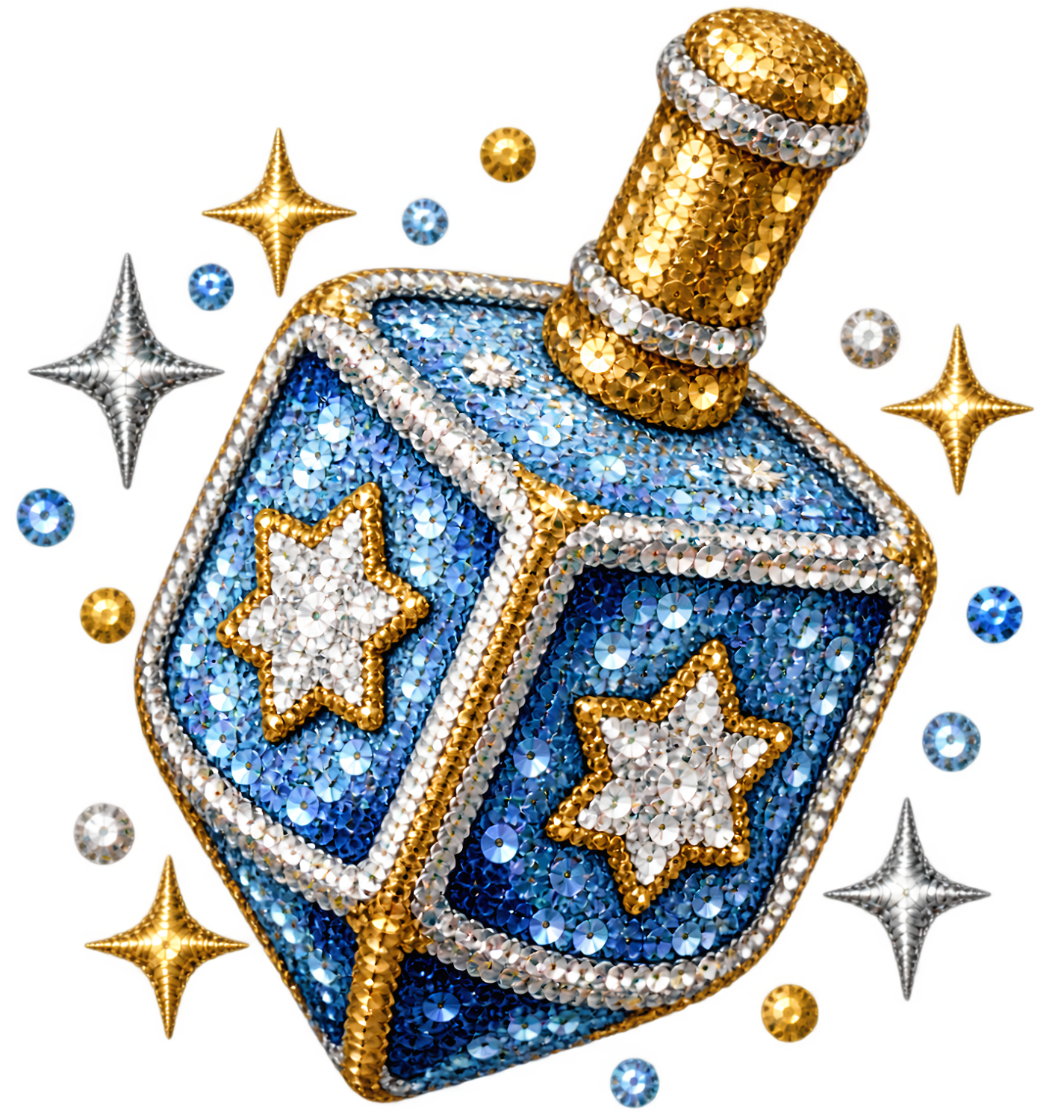 Sparkly blue dreidel with gold stars and silver sequins, ready to press dtf transfer with matching star graphics.