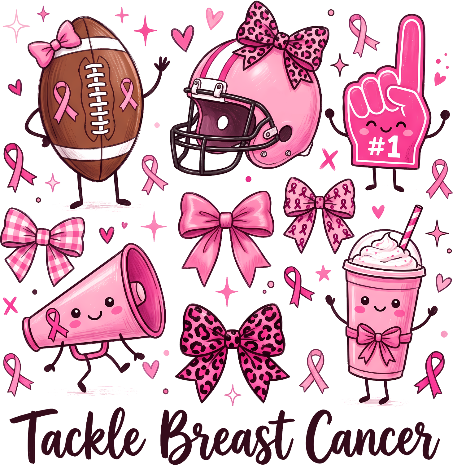 Cartoon football with pink ribbons and bows, ready to press dtf transfer design with awareness theme