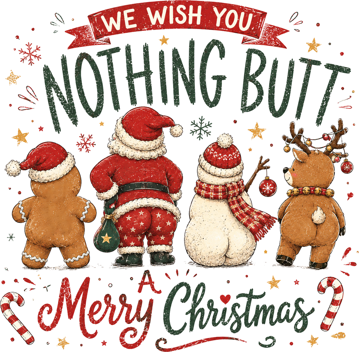 Funny Christmas DTF transfer with gingerbread and snowman characters showing their butts, ready to press dtf transfer