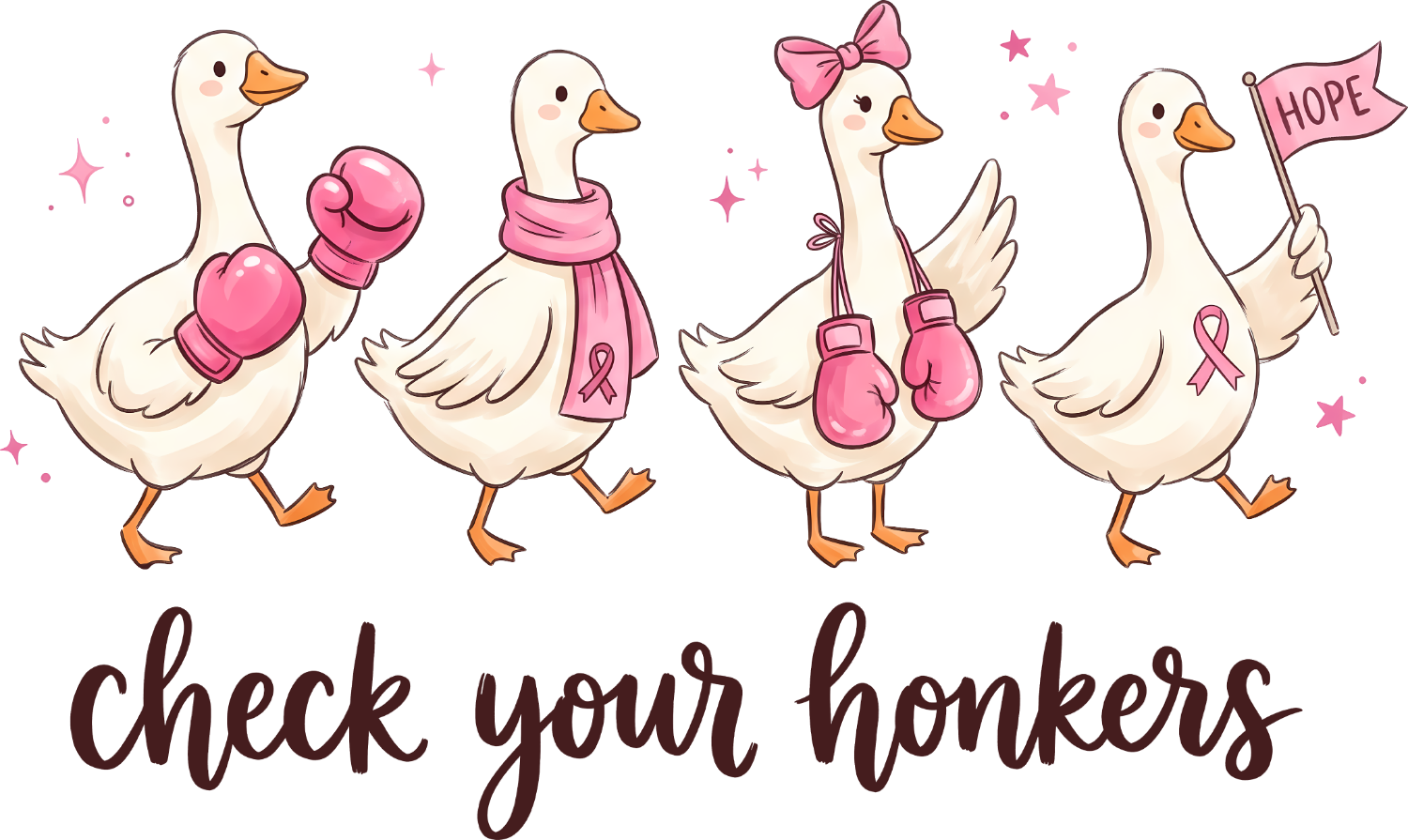 Four cream-colored geese wearing pink boxing gloves, scarves, and ribbons with a hope flag, ready to press dtf transfer