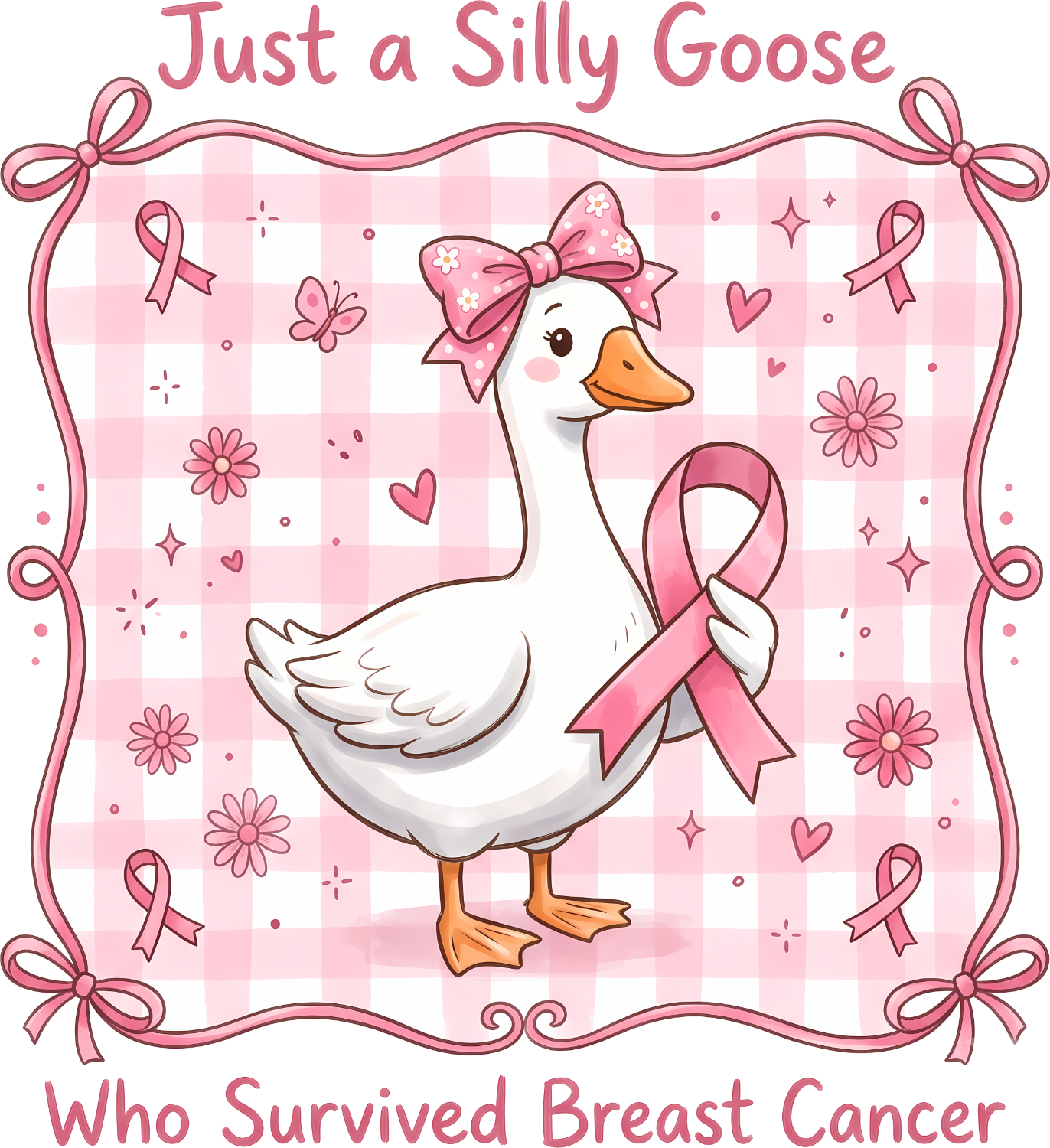 White goose wearing pink bow and pink ribbon, surrounded by flowers and hearts on checkered background, ready to press dtf transfer