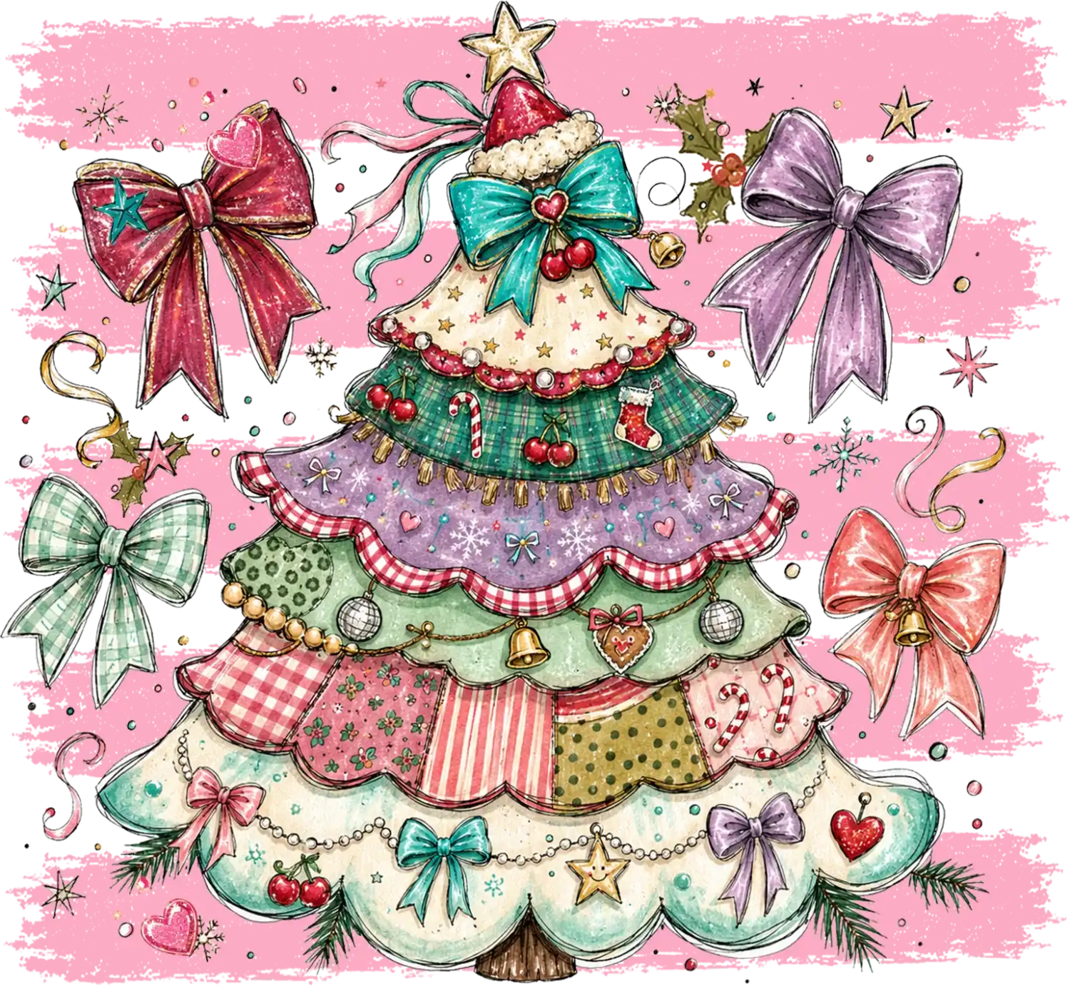 Whimsical patchwork Christmas tree with colorful fabric patches and bows, ready to press dtf transfer design on pink background.