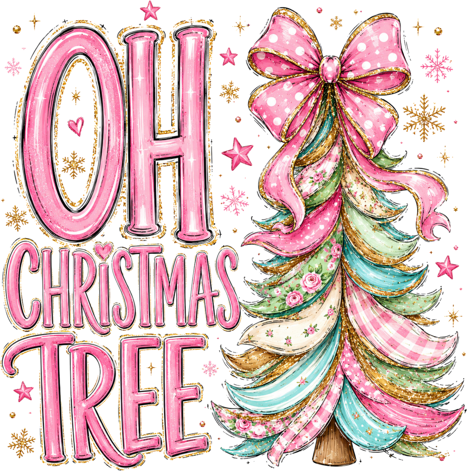 Pink 'Oh Christmas Tree' design with colorful striped tree, polka dot bow, and gold snowflakes, ready to press dtf transfer
