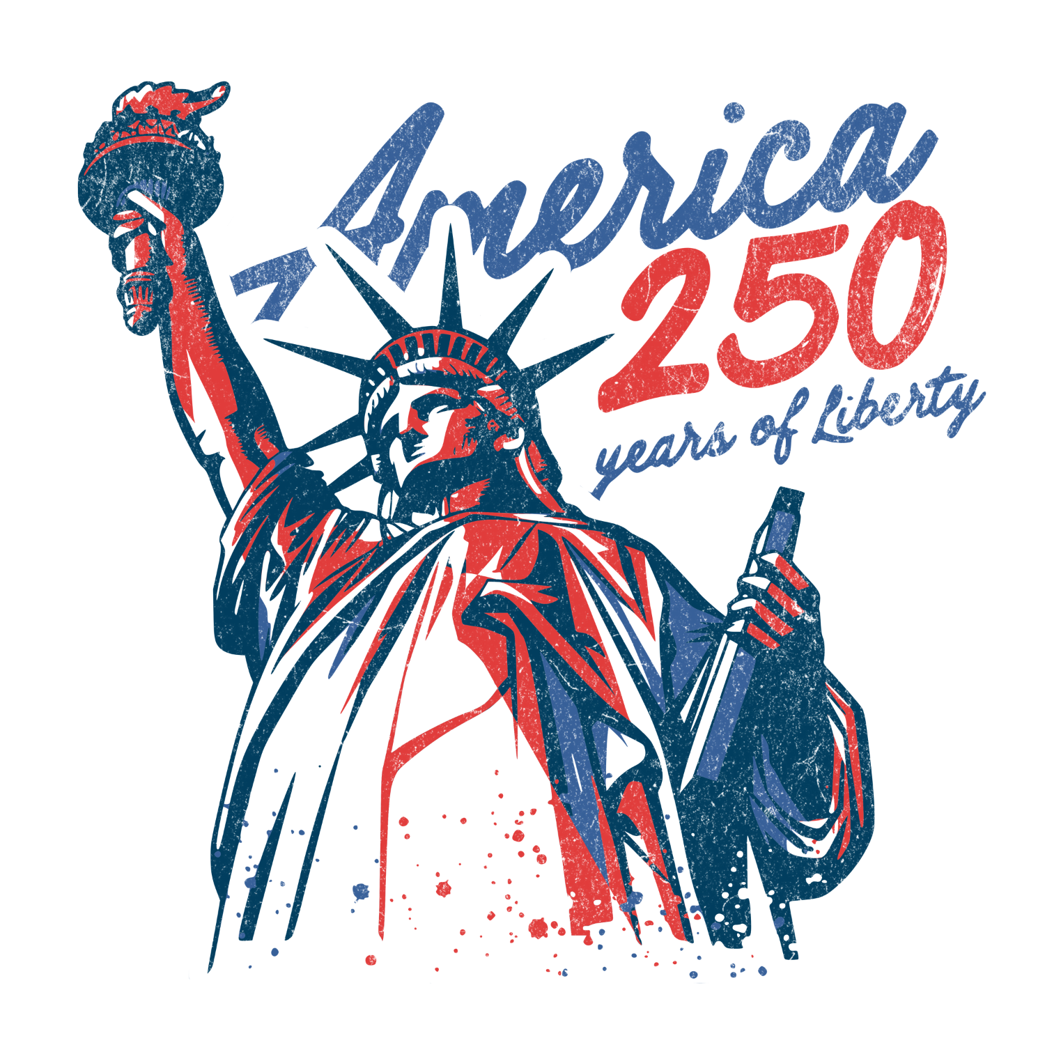 Vintage patriotic Statue of Liberty design with 'America 250 Years of Liberty' text, ready to press DTF transfer in red, white, and blue.