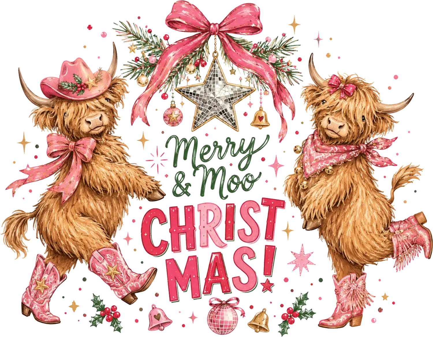 Two adorable Highland cattle wearing pink cowboy hats and boots with festive Christmas decorations, ready to press dtf transfer