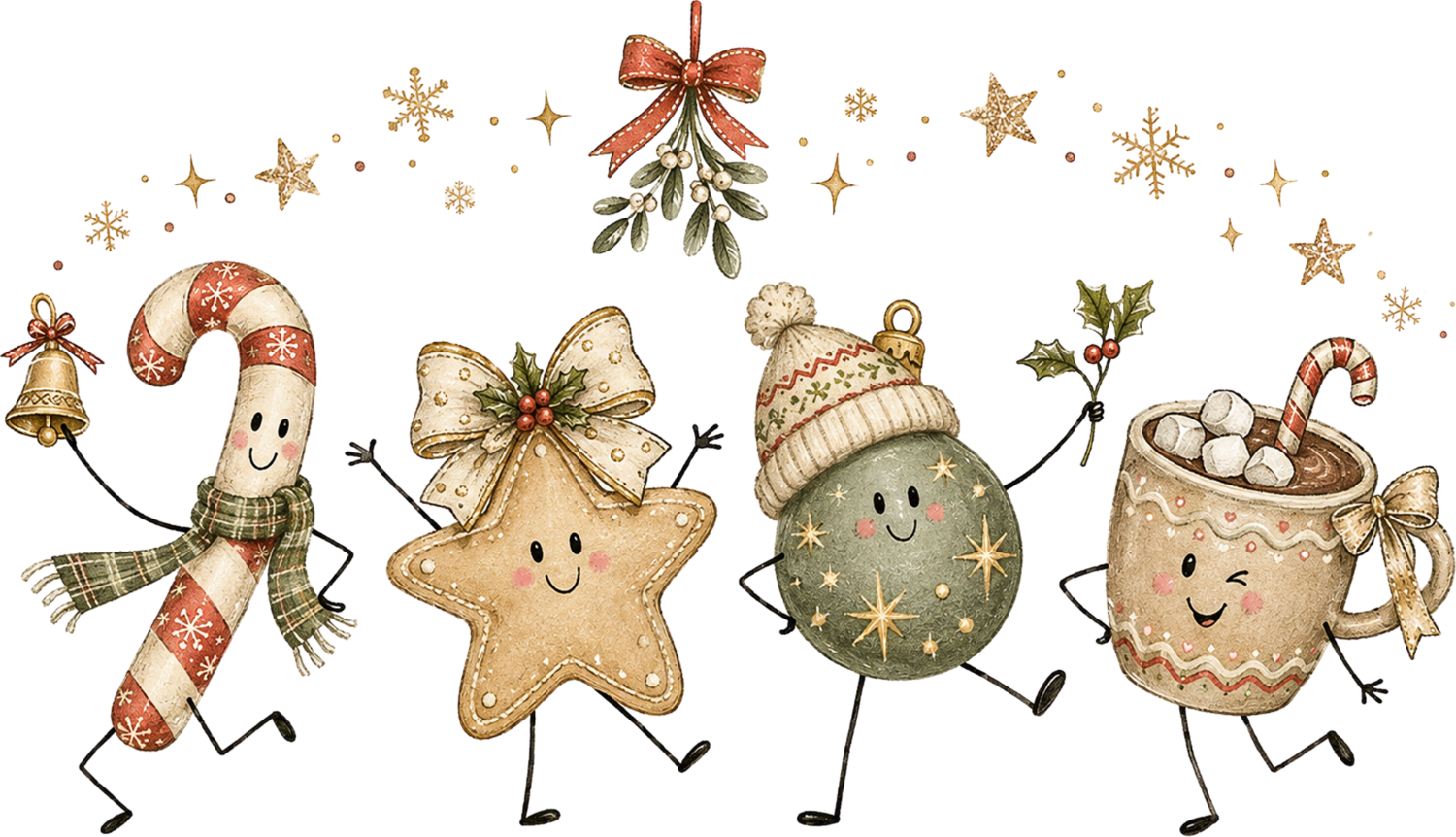 Four cheerful Christmas character designs in cream, red, and green—ready to press DTF transfer with festive holiday theme