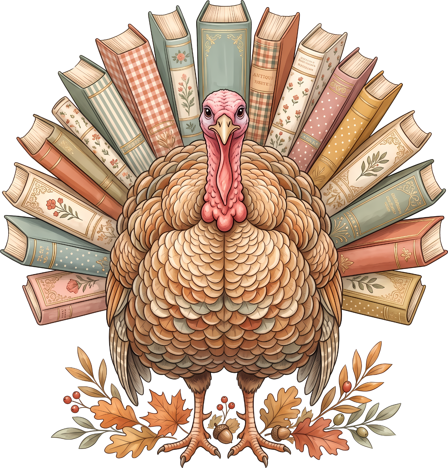 Whimsical turkey surrounded by vintage patterned books in warm autumn colors, ready to press dtf transfer with fall leaves.