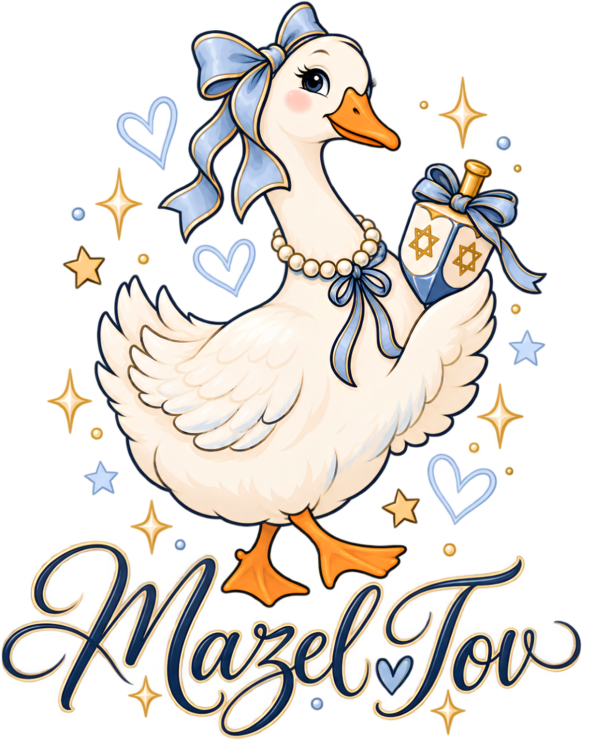Elegant white duck with blue bow holding wrapped gift, pearls and hearts, ready to press dtf transfer