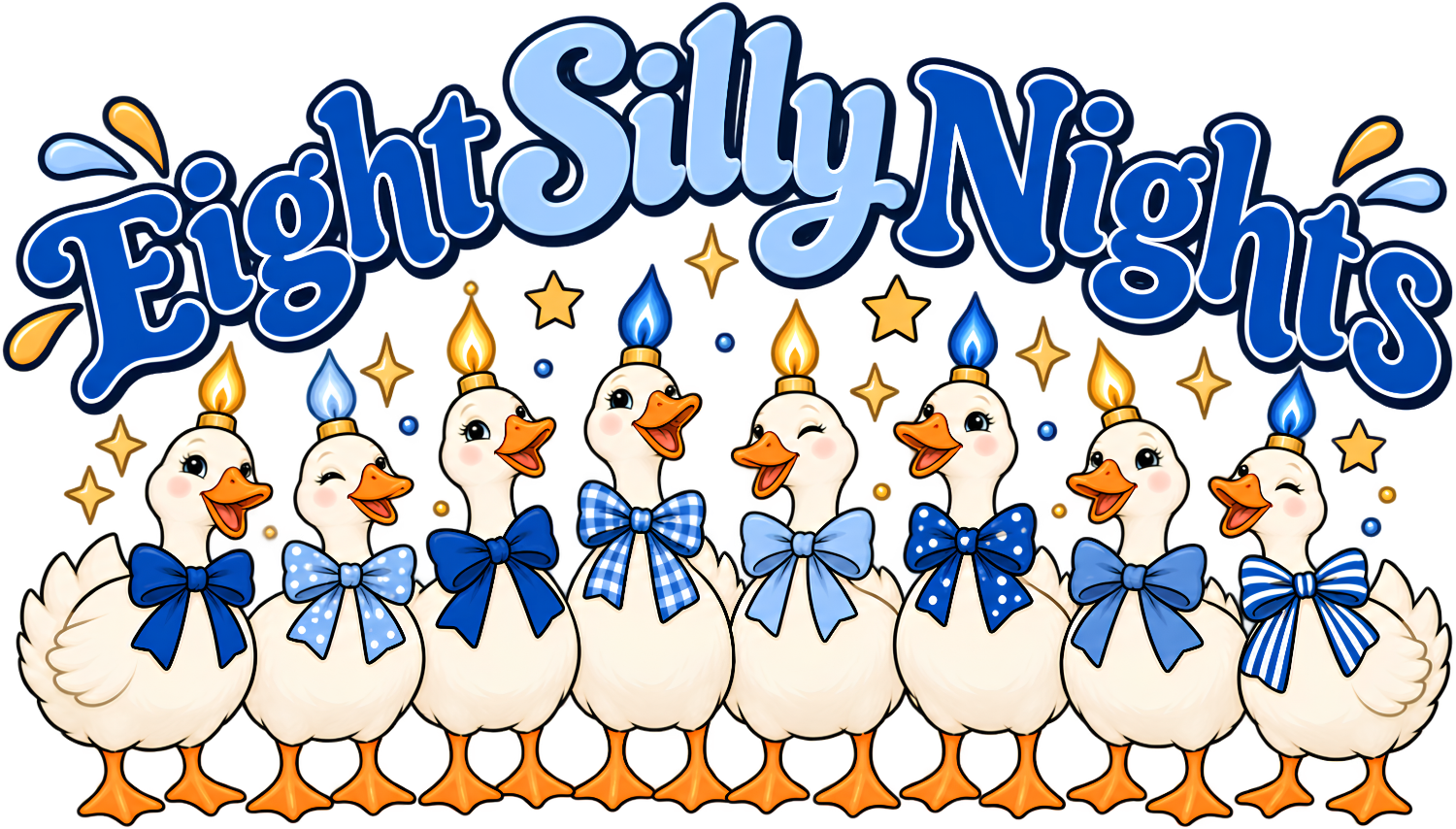 Eight adorable ducks wearing blue bows with golden flames, stars, and sparkles, ready to press dtf transfer